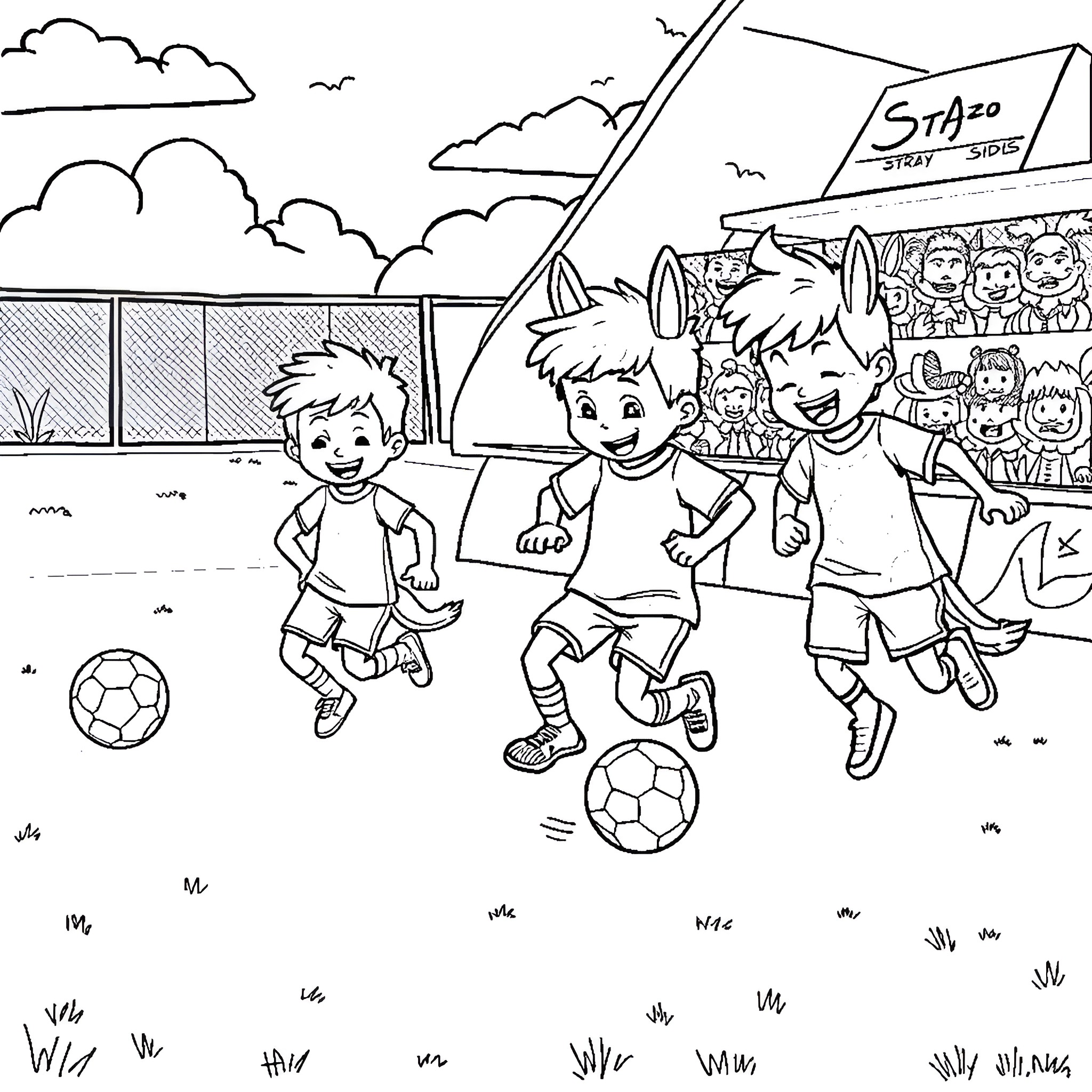 Stray Kids Playing Football on the Field Coloring Page (free black-and-white line drawing printable PDF for all, from beginners to advanced learners, including children, teens, adults, and seniors)