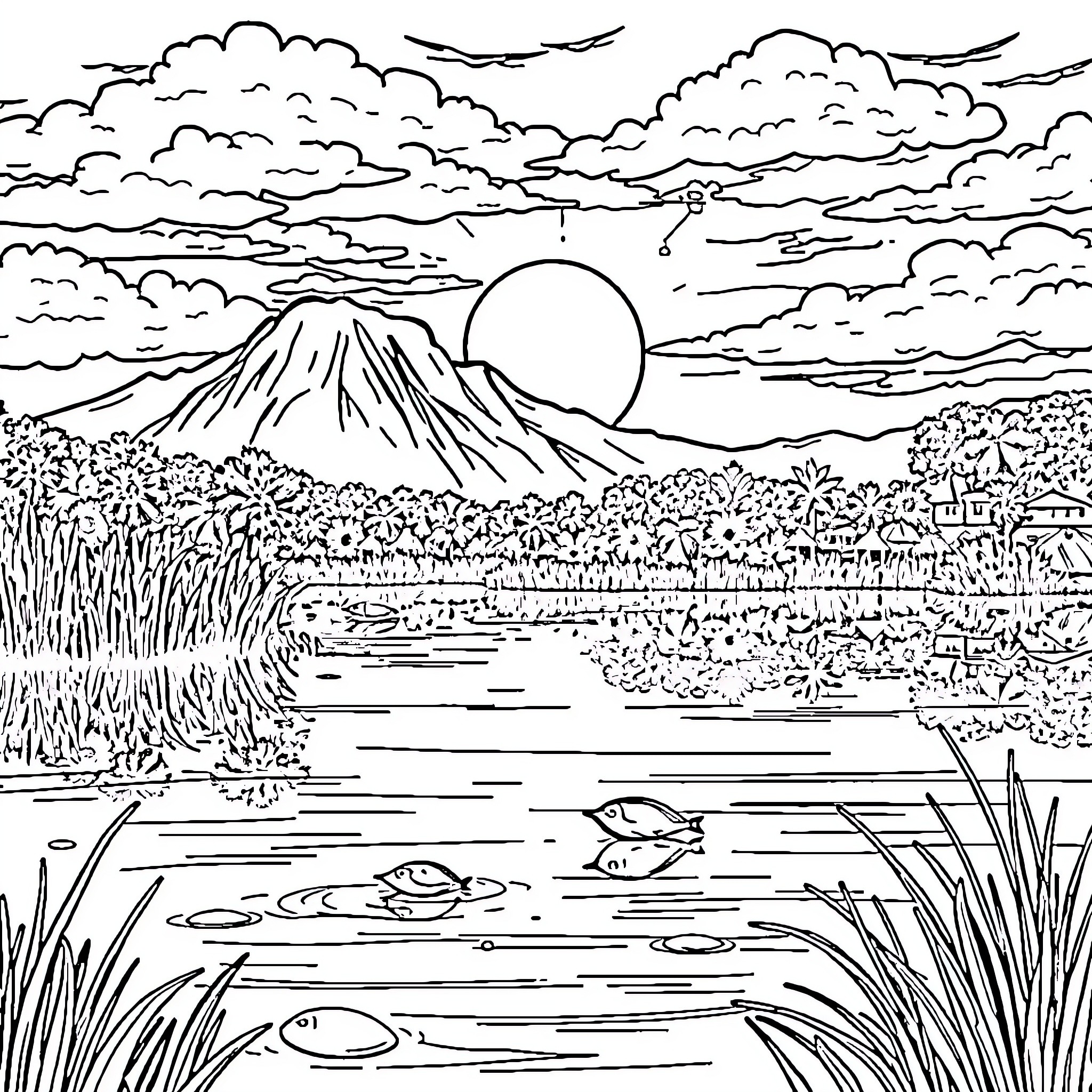 Bear resting by the peaceful lake at sunset Coloring Page (free black-and-white line drawing printable PDF for all, from beginners to advanced learners, including children, teens, adults, and seniors)