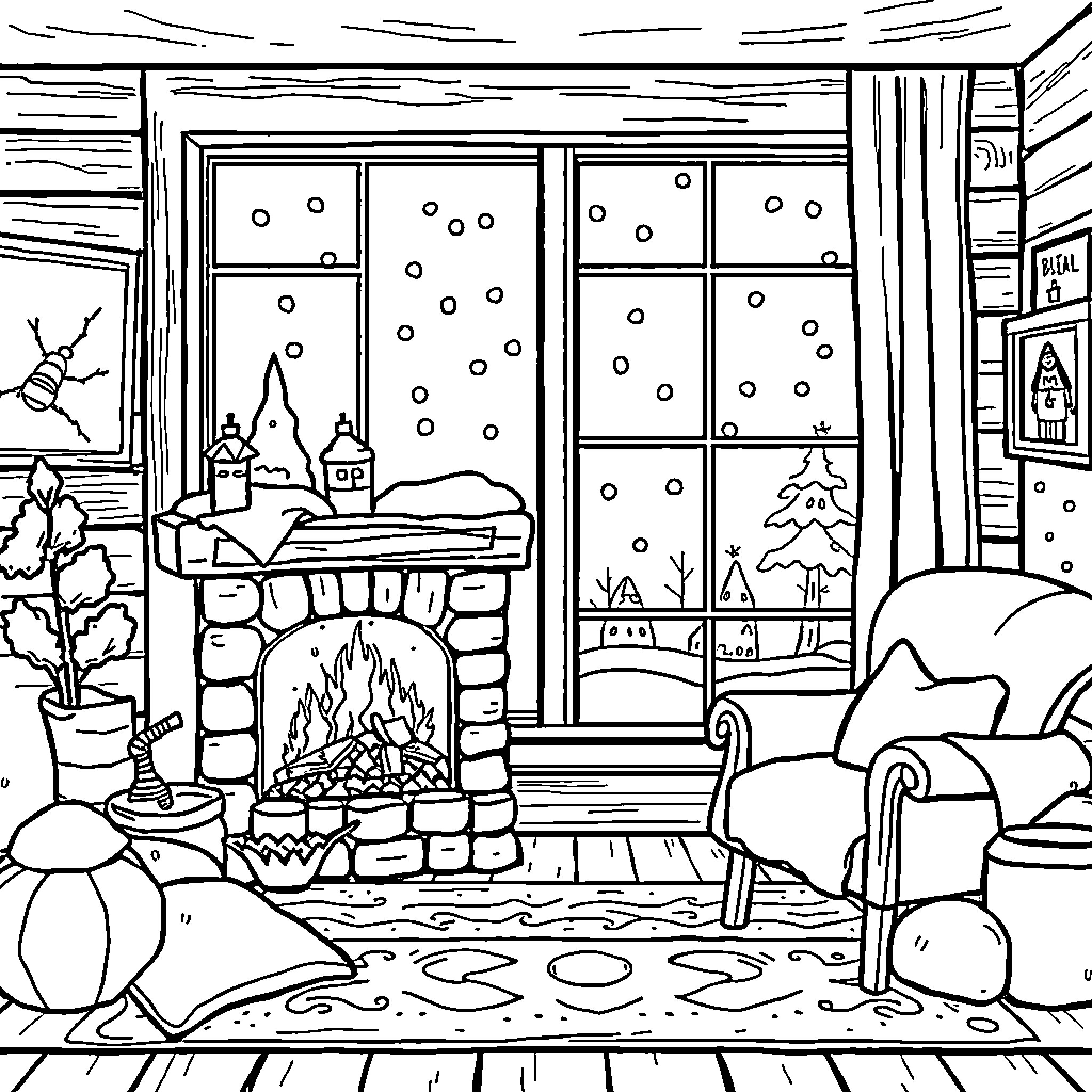 Fireplace Scene with Cozy Furnishings and Snowfall Coloring Page (free black-and-white line drawing printable PDF for all, from beginners to advanced learners, including children, teens, adults, and seniors)