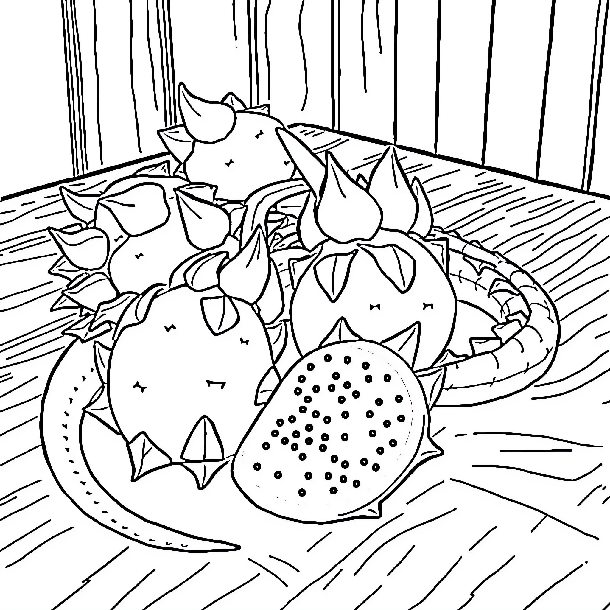 Dragon Fruit Arrangement on Wooden Table Coloring Page (free black-and-white line drawing printable PDF for all, from beginners to advanced learners, including children, teens, adults, and seniors)