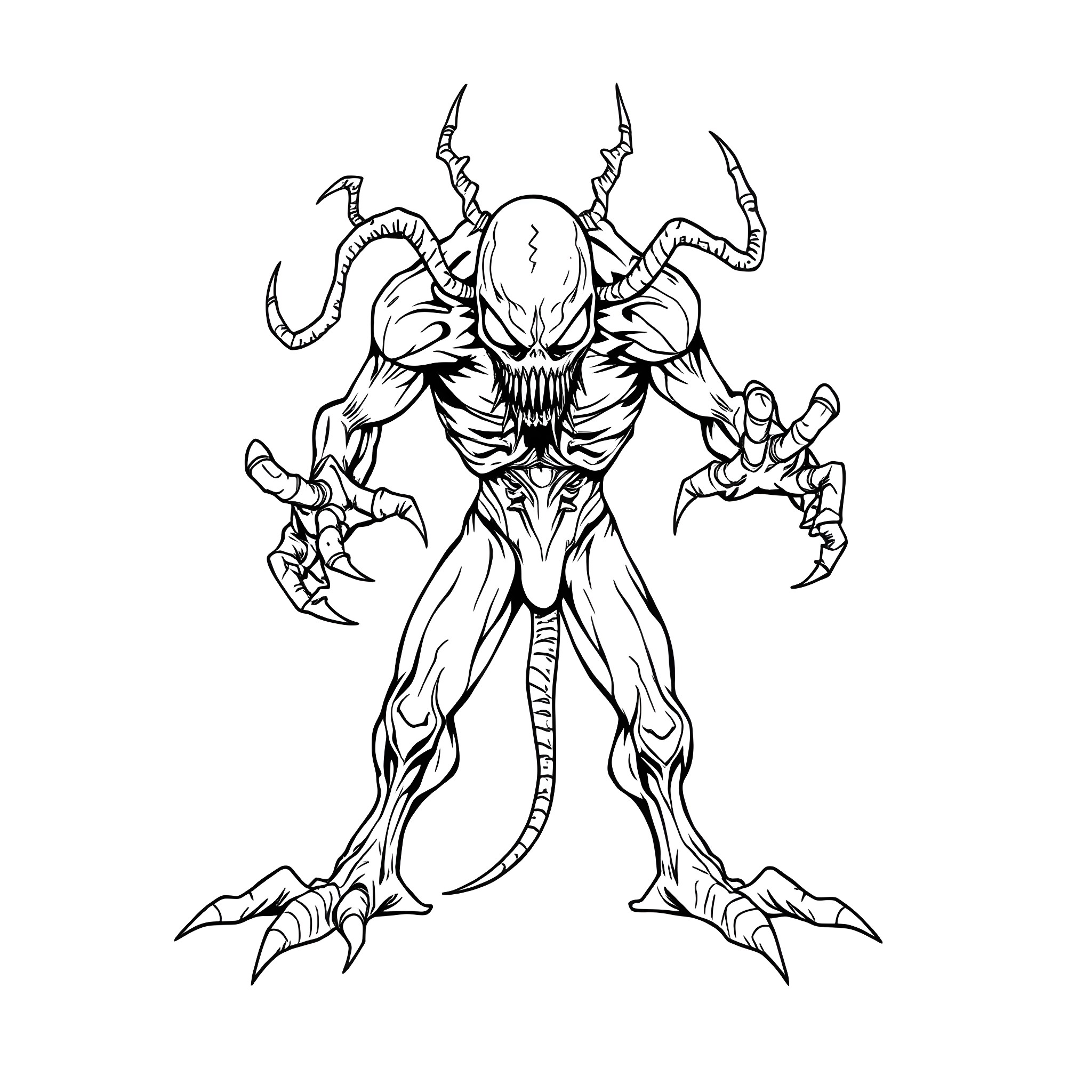 Bizarnage - Monstrous entity with bizarre anatomy Coloring Page (free black-and-white line drawing printable PDF for all, from beginners to advanced learners, including children, teens, adults, and seniors)