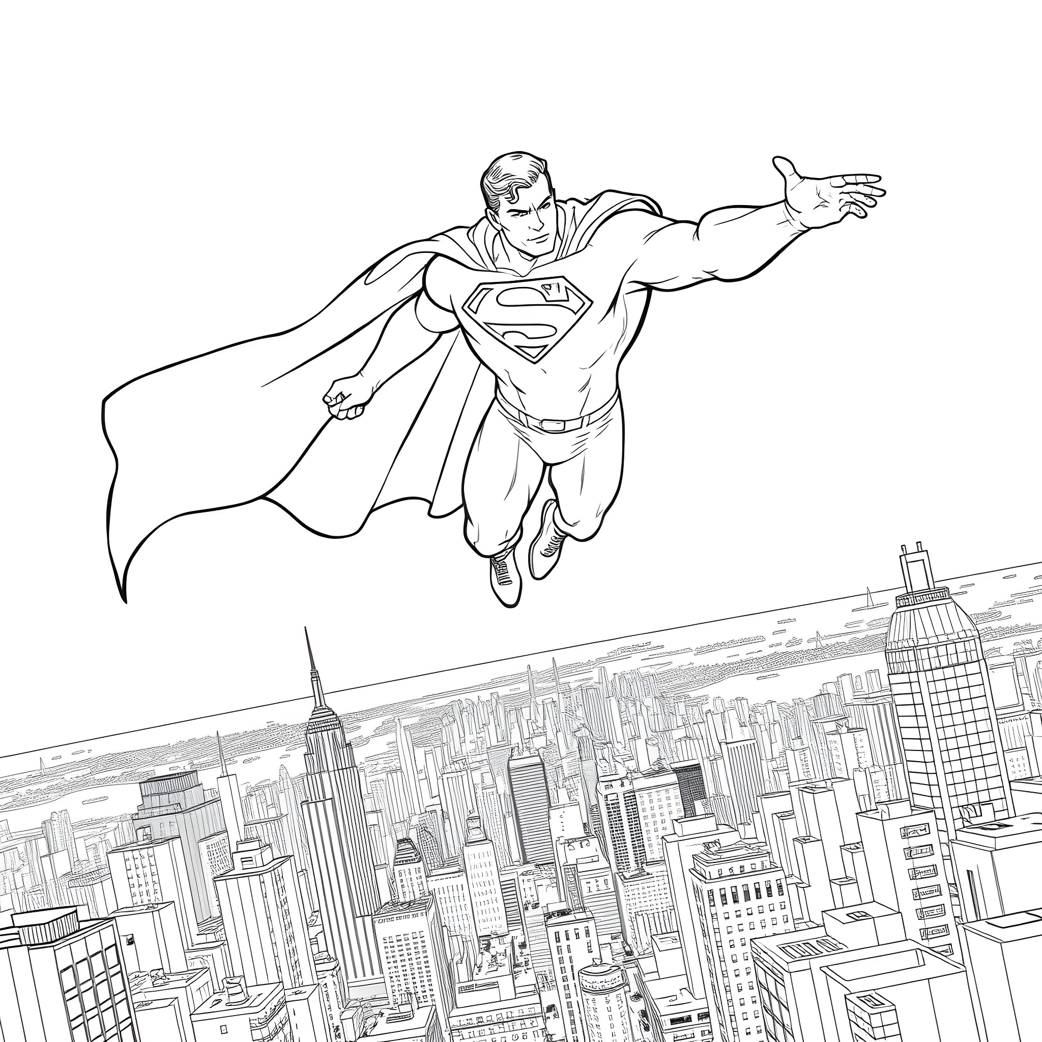 Superman soaring through the city skyline Coloring Page (free black-and-white line drawing printable PDF for all, from beginners to advanced learners, including children, teens, adults, and seniors)