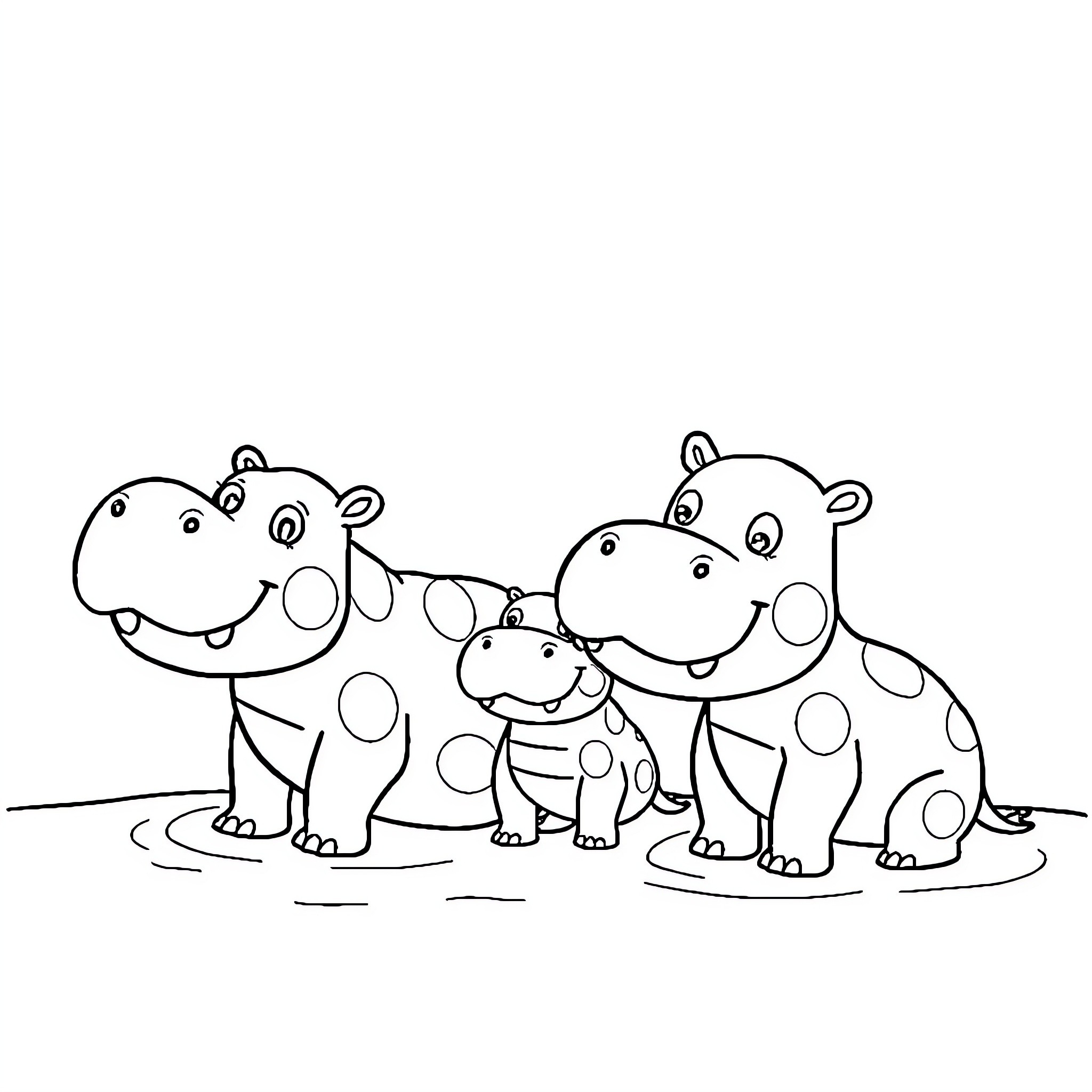 Hippo family enjoying a playful outing Coloring Page (free black-and-white line drawing printable PDF for all, from beginners to advanced learners, including children, teens, adults, and seniors)