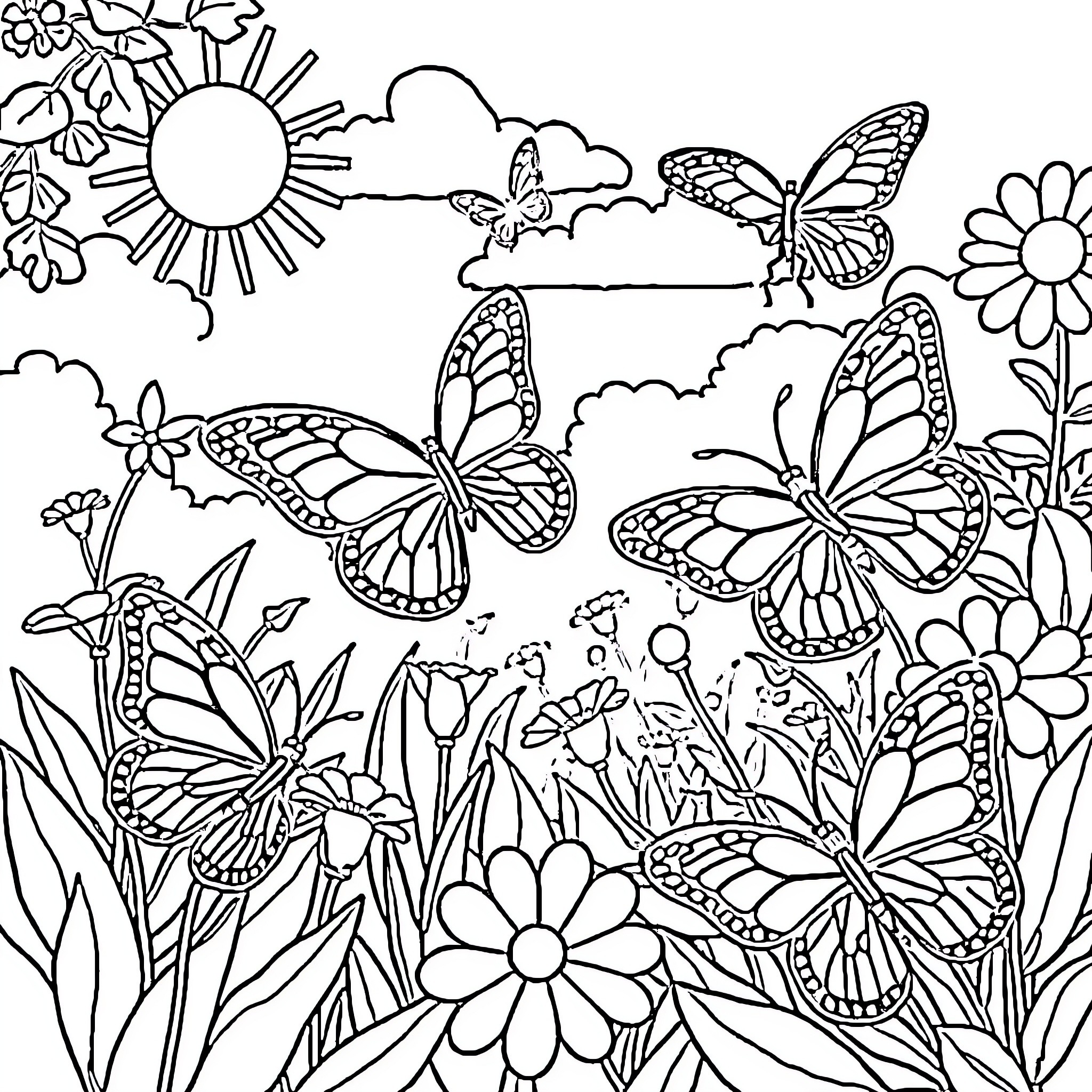 Butterfly Garden with Flowers and Sunlight Coloring Page (free black-and-white line drawing printable PDF for all, from beginners to advanced learners, including children, teens, adults, and seniors)