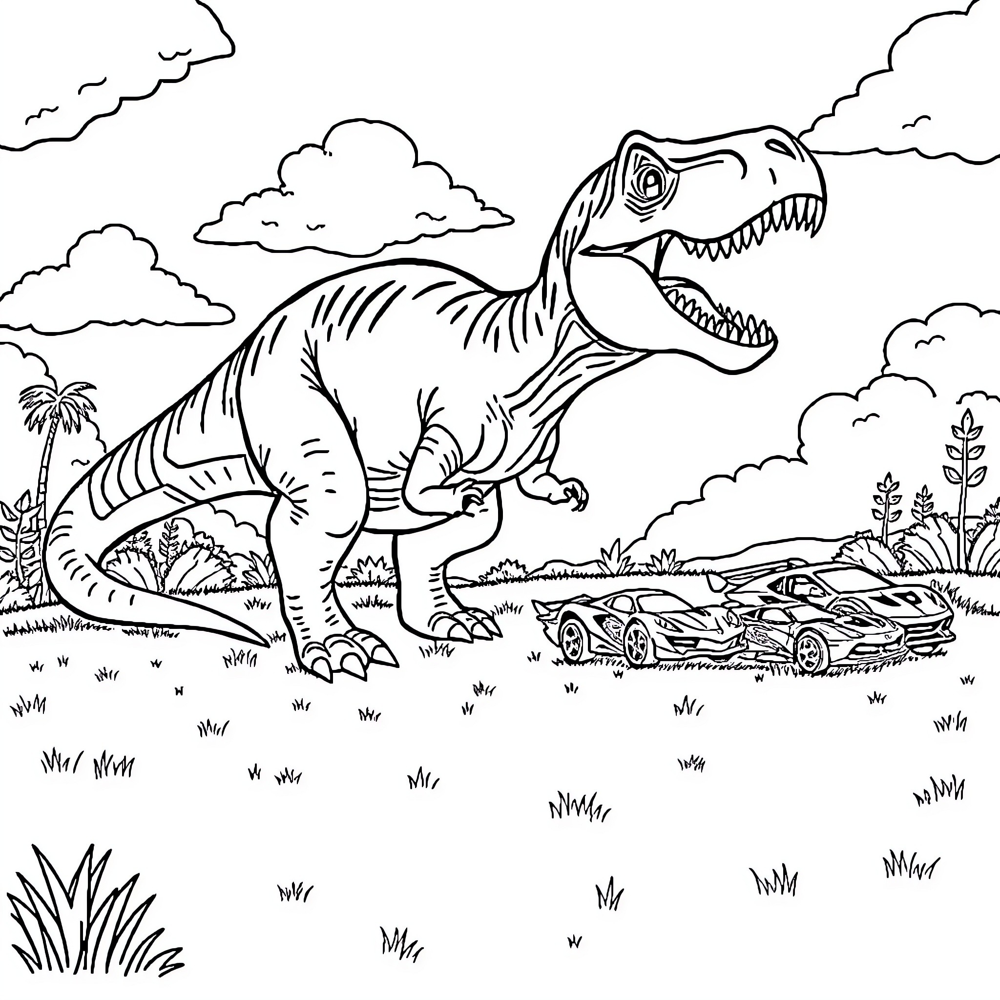 Tyrannosaurus Rex roaring in prehistoric landscape Coloring Page (free black-and-white line drawing printable PDF for all, from beginners to advanced learners, including children, teens, adults, and seniors)