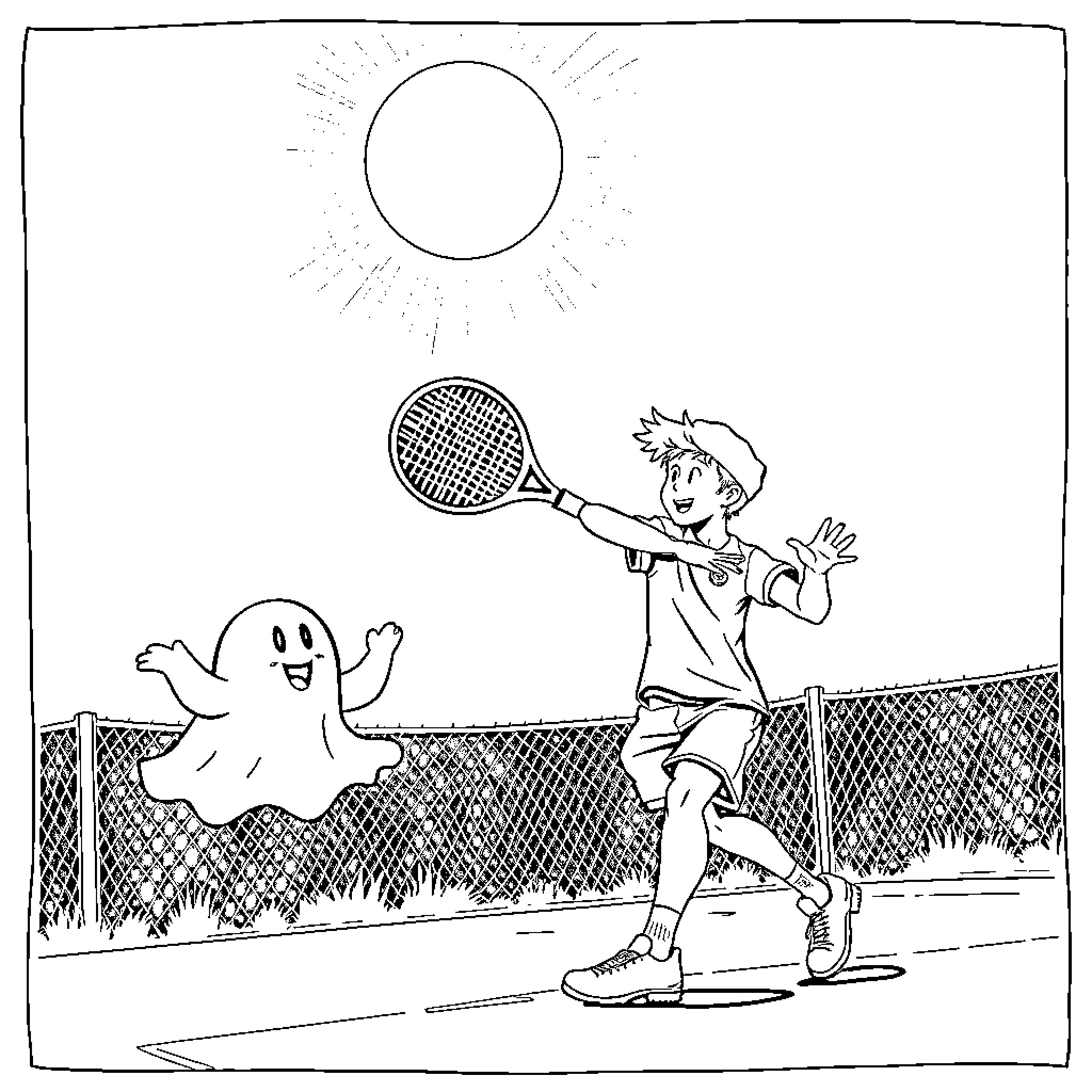 Watch a Player Chasing a Ghost on the Tennis Court Coloring Page (free black-and-white line drawing printable PDF for all, from beginners to advanced learners, including children, teens, adults, and seniors)