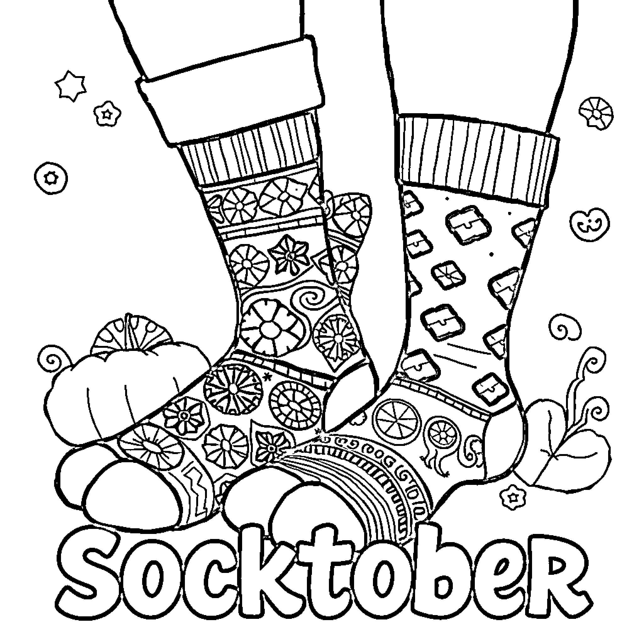 Sock-themed Patterned Stockings and Holiday Decor Coloring Page (free black-and-white line drawing printable PDF for all, from beginners to advanced learners, including children, teens, adults, and seniors)