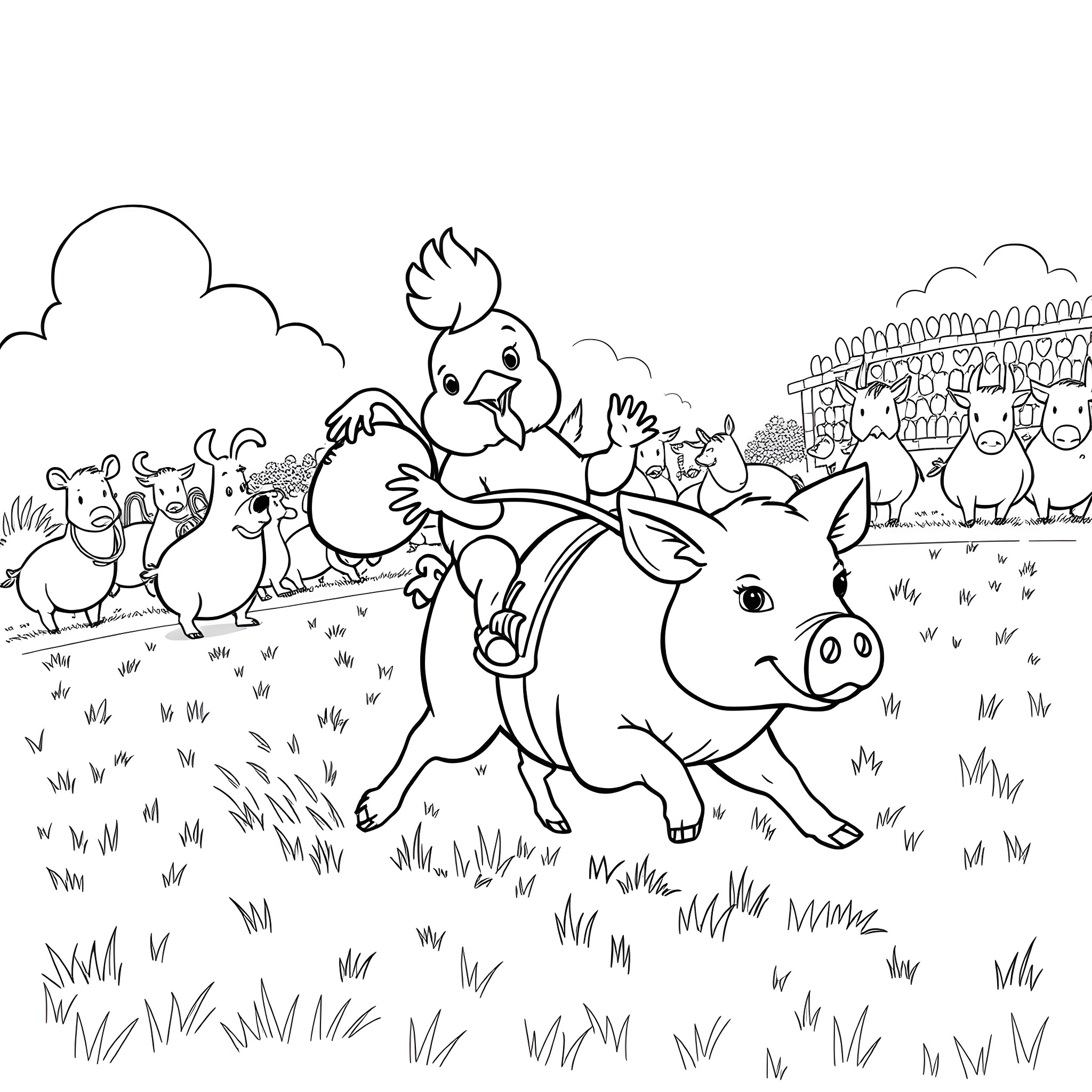 Chicken riding a pig in a field with animals Coloring Page (free black-and-white line drawing printable PDF for all, from beginners to advanced learners, including children, teens, adults, and seniors)