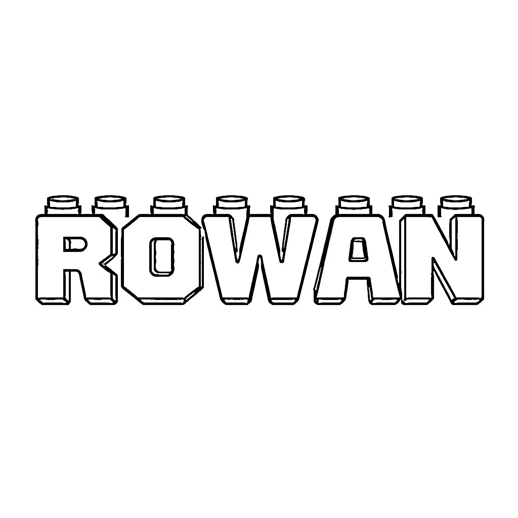Lego blocks spelling 'Rowan' Coloring Page (free black-and-white line drawing printable PDF for all, from beginners to advanced learners, including children, teens, adults, and seniors)