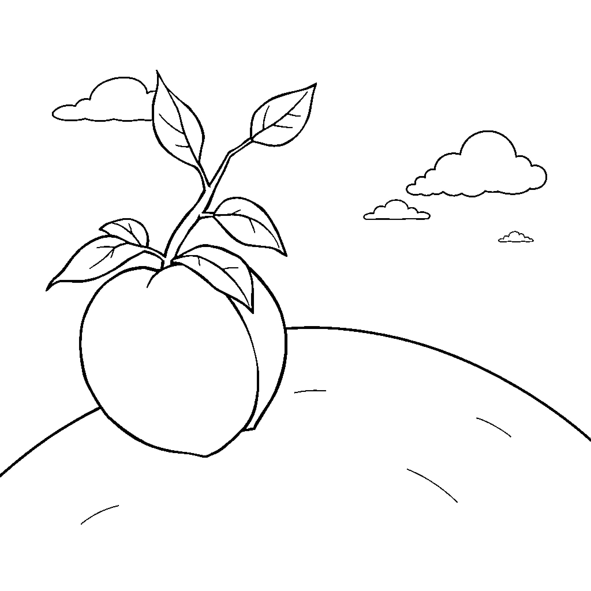 Peach tree on a scenic landscape Coloring Page (free black-and-white line drawing printable PDF for all, from beginners to advanced learners, including children, teens, adults, and seniors)