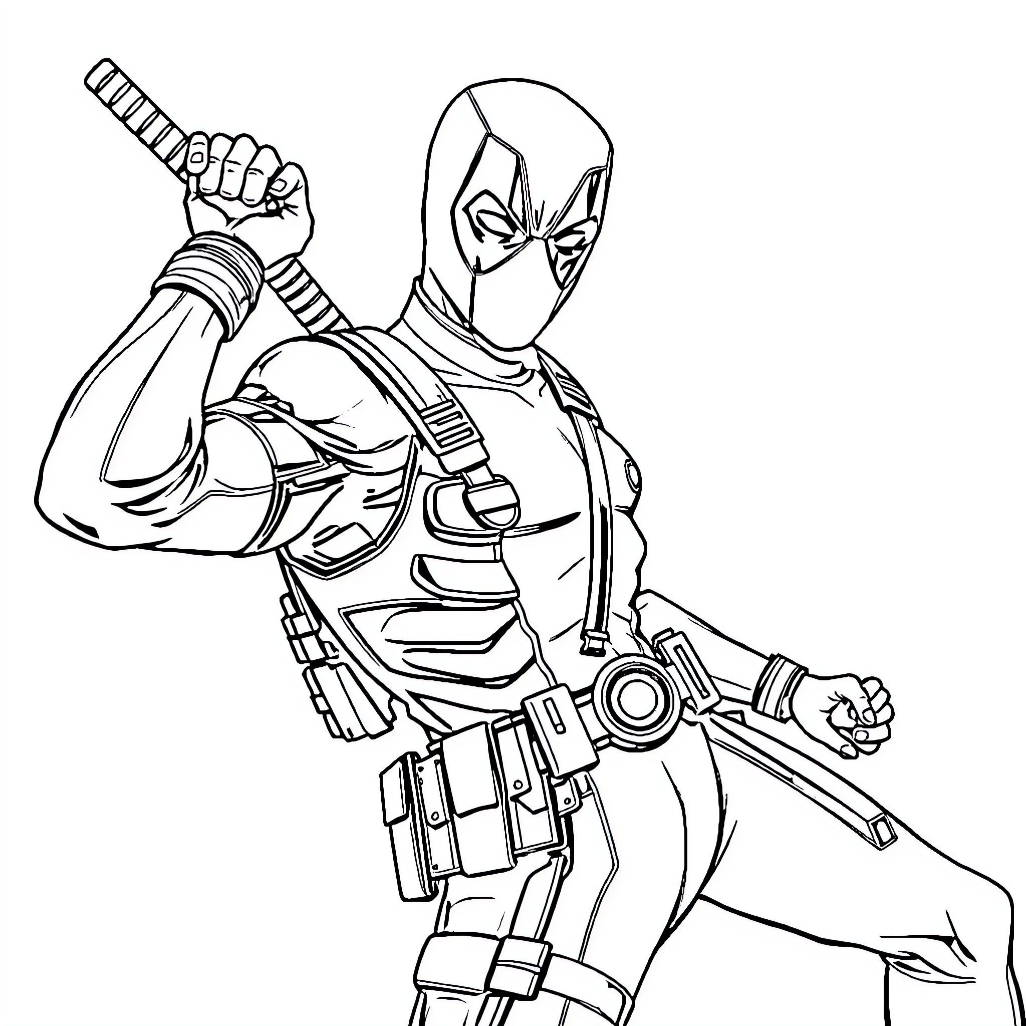 Deadpool character in action pose with weapons Coloring Page (free black-and-white line drawing printable PDF for all, from beginners to advanced learners, including children, teens, adults, and seniors)