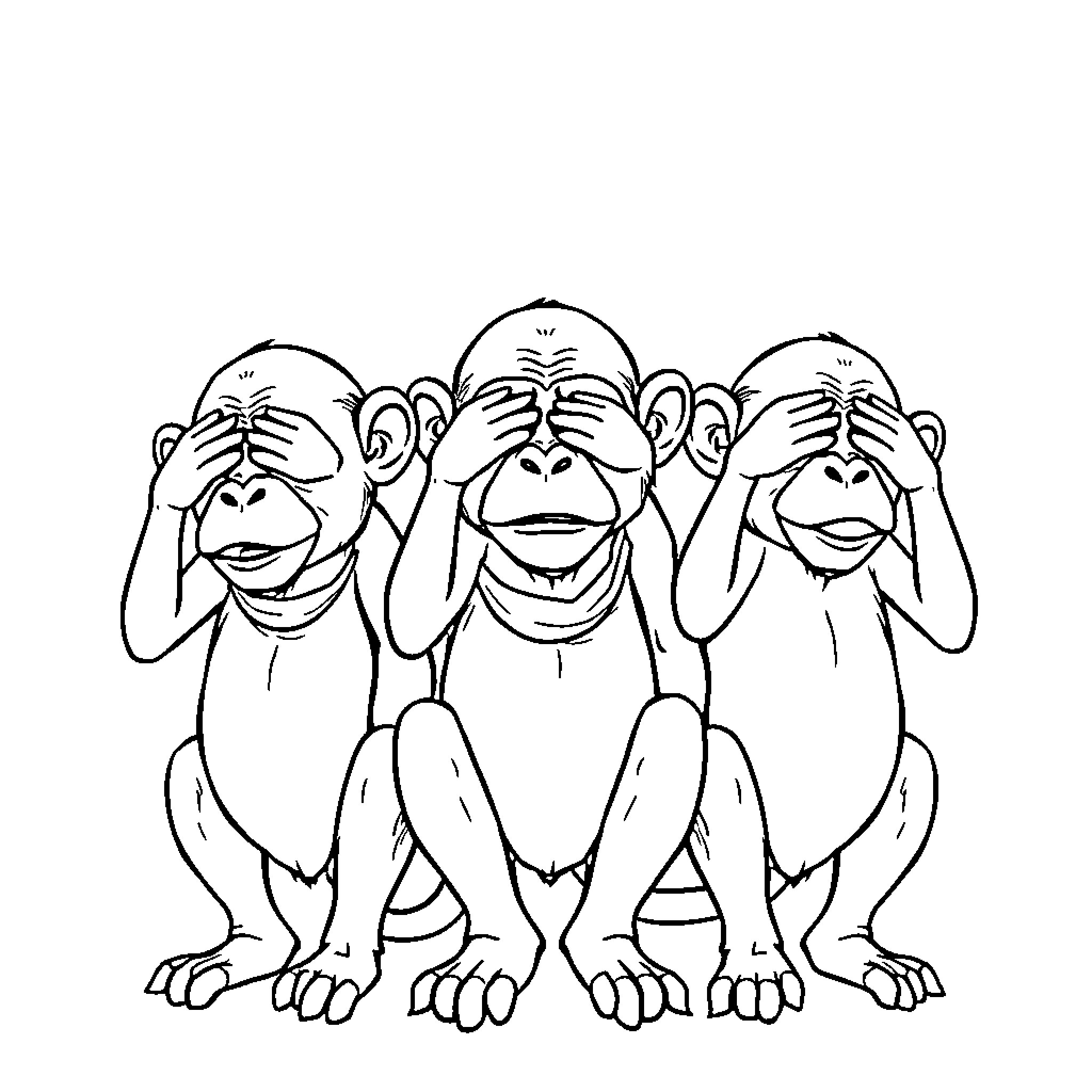 Monkey trio covering their senses Coloring Page (free black-and-white line drawing printable PDF for all, from beginners to advanced learners, including children, teens, adults, and seniors)