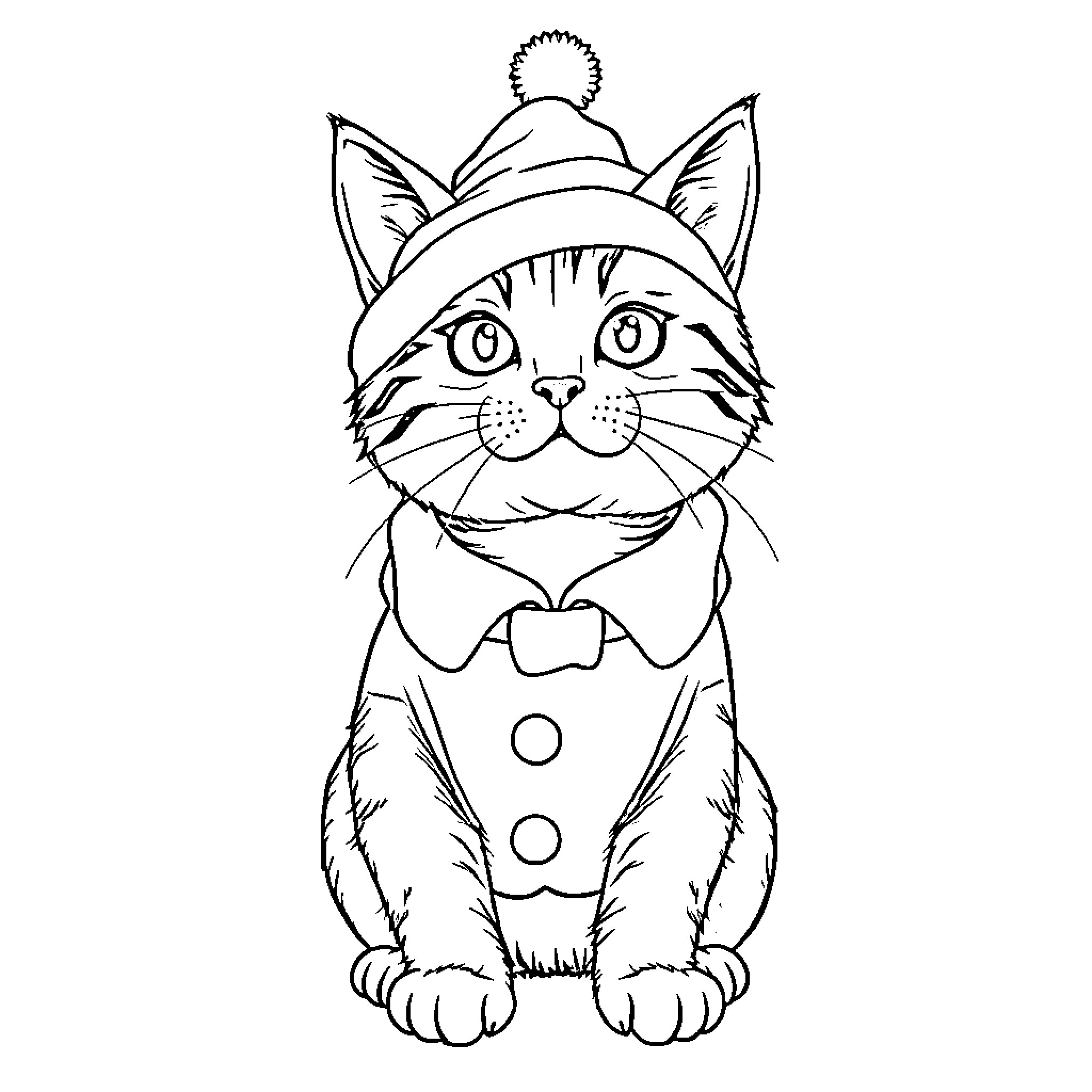 Cat wearing a winter hat with pom-pom Coloring Page (free black-and-white line drawing printable PDF for all, from beginners to advanced learners, including children, teens, adults, and seniors)