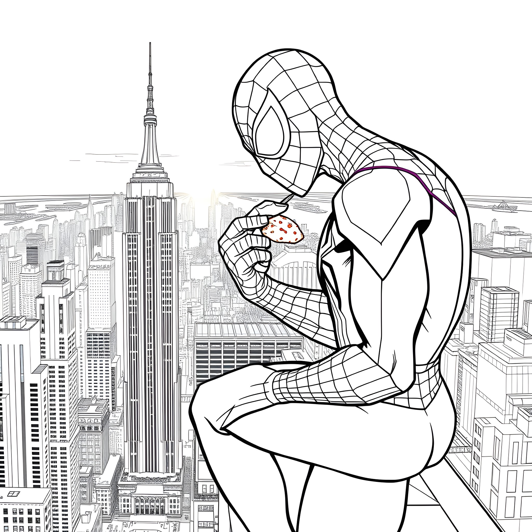 Spider-Man Surveying the City from Rooftop Coloring Page (free black-and-white line drawing printable PDF for all, from beginners to advanced learners, including children, teens, adults, and seniors)