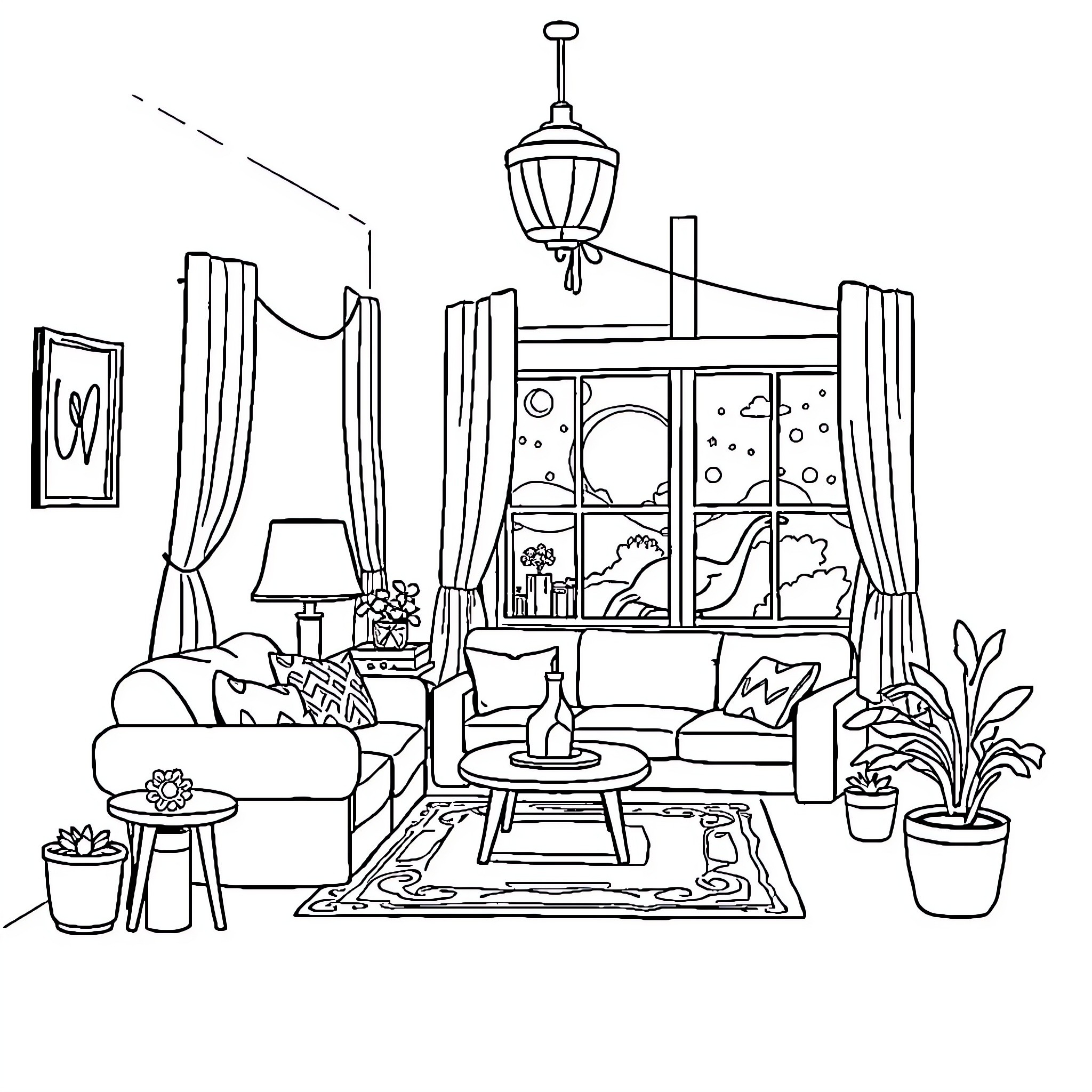 Home decor and furnishings in cozy living room Coloring Page (free black-and-white line drawing printable PDF for all, from beginners to advanced learners, including children, teens, adults, and seniors)