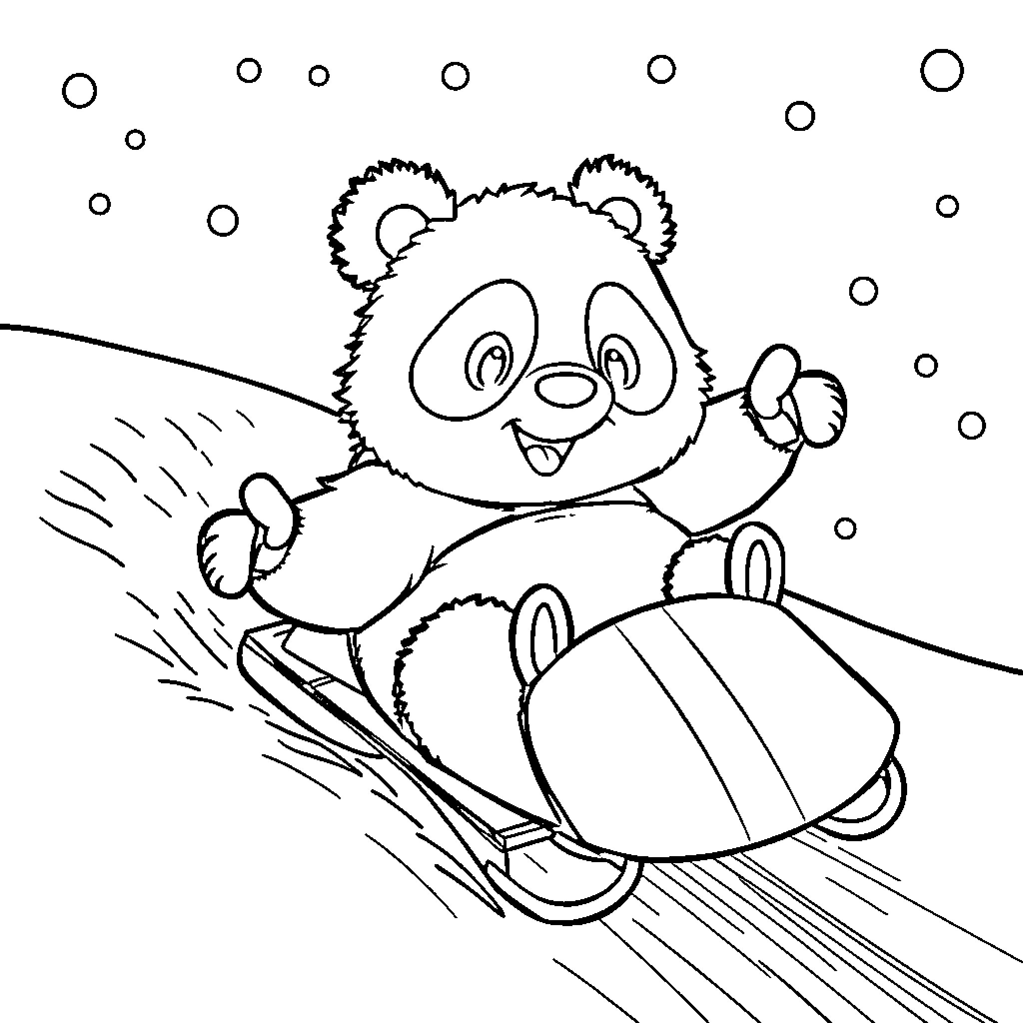 Panda riding a sled on a snowy landscape Coloring Page (free black-and-white line drawing printable PDF for all, from beginners to advanced learners, including children, teens, adults, and seniors)