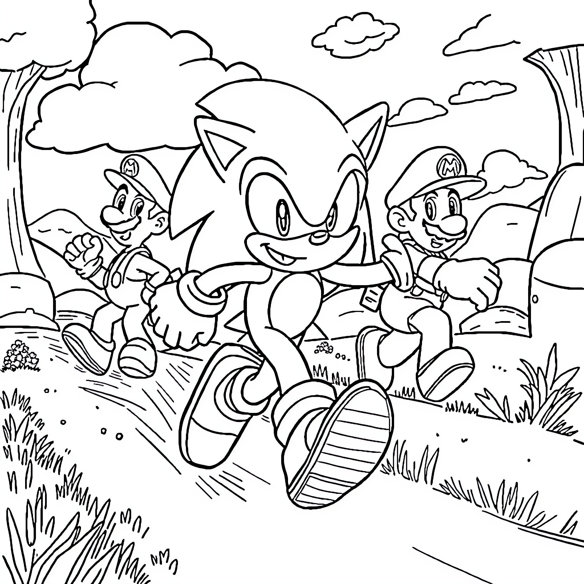 Sonic and friends explore the great outdoors Coloring Page (free black-and-white line drawing printable PDF for all, from beginners to advanced learners, including children, teens, adults, and seniors)