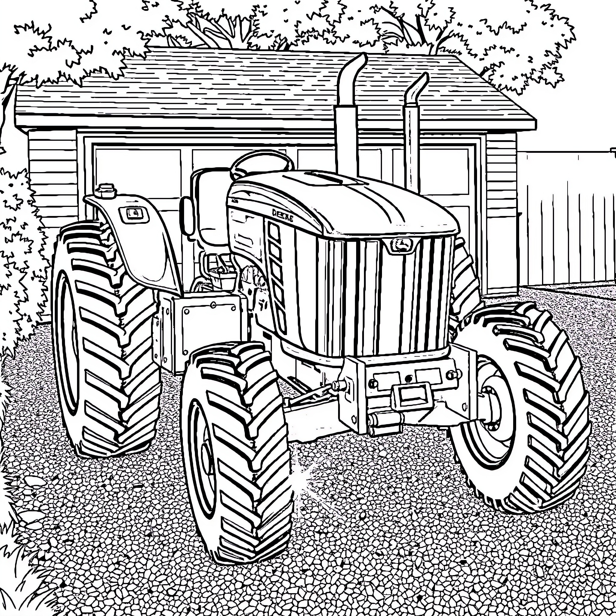 Tractor parked in front of rustic shed Coloring Page (free black-and-white line drawing printable PDF for all, from beginners to advanced learners, including children, teens, adults, and seniors)