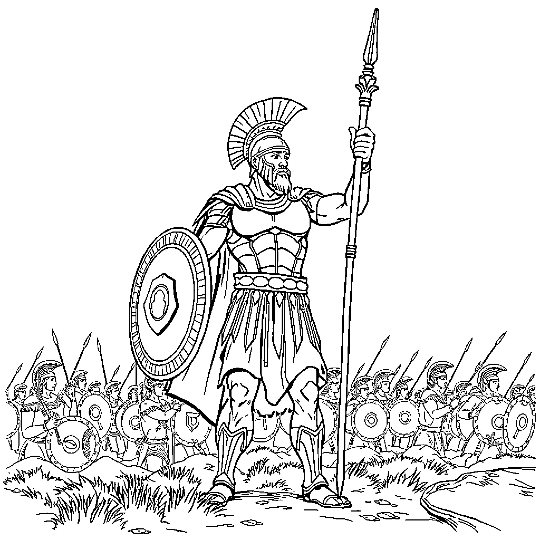 Achilles, the Heroic Spartan, Leads His Army Coloring Page (free black-and-white line drawing printable PDF for all, from beginners to advanced learners, including children, teens, adults, and seniors)