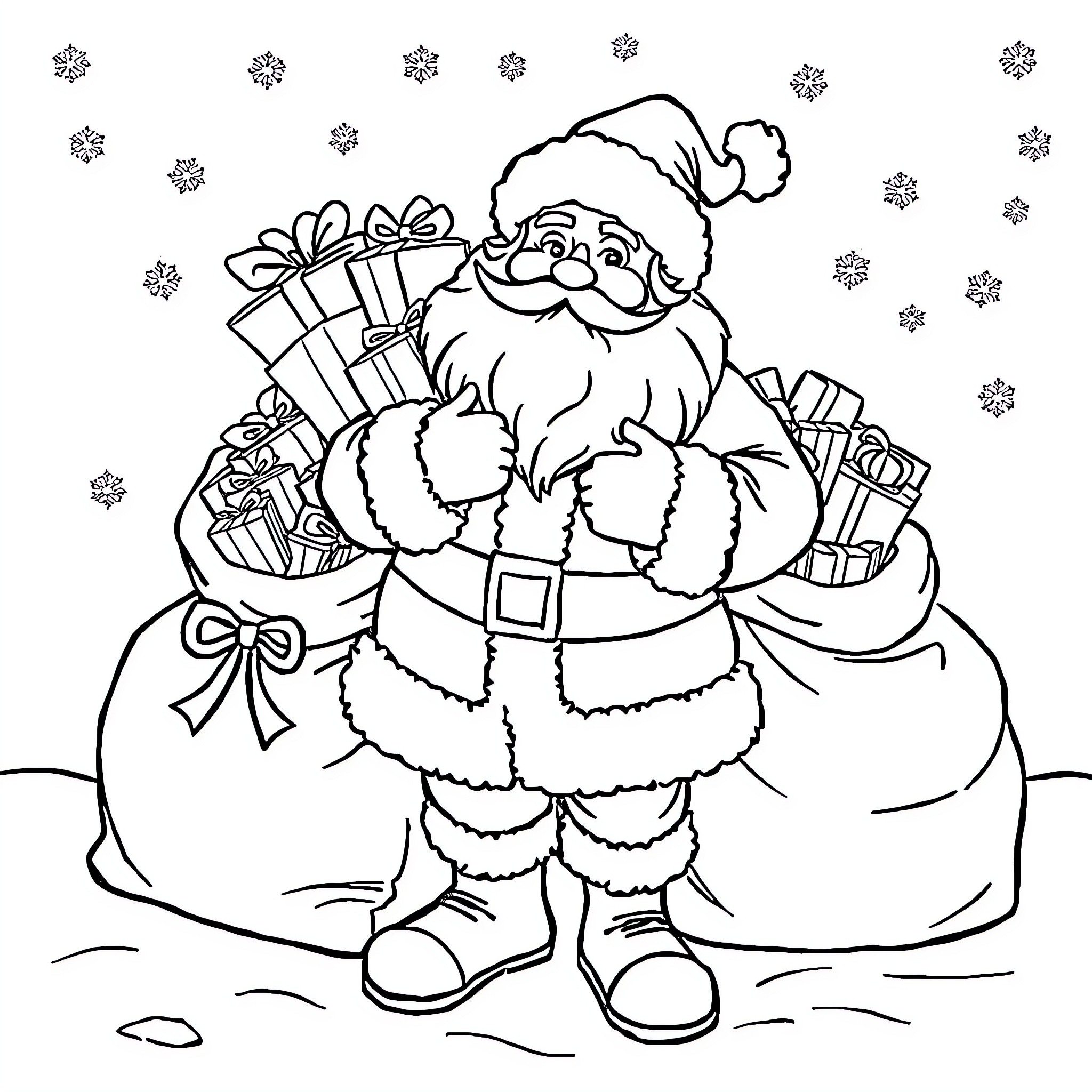 Santa delivering Christmas gifts in the snow Coloring Page (free black-and-white line drawing printable PDF for all, from beginners to advanced learners, including children, teens, adults, and seniors)