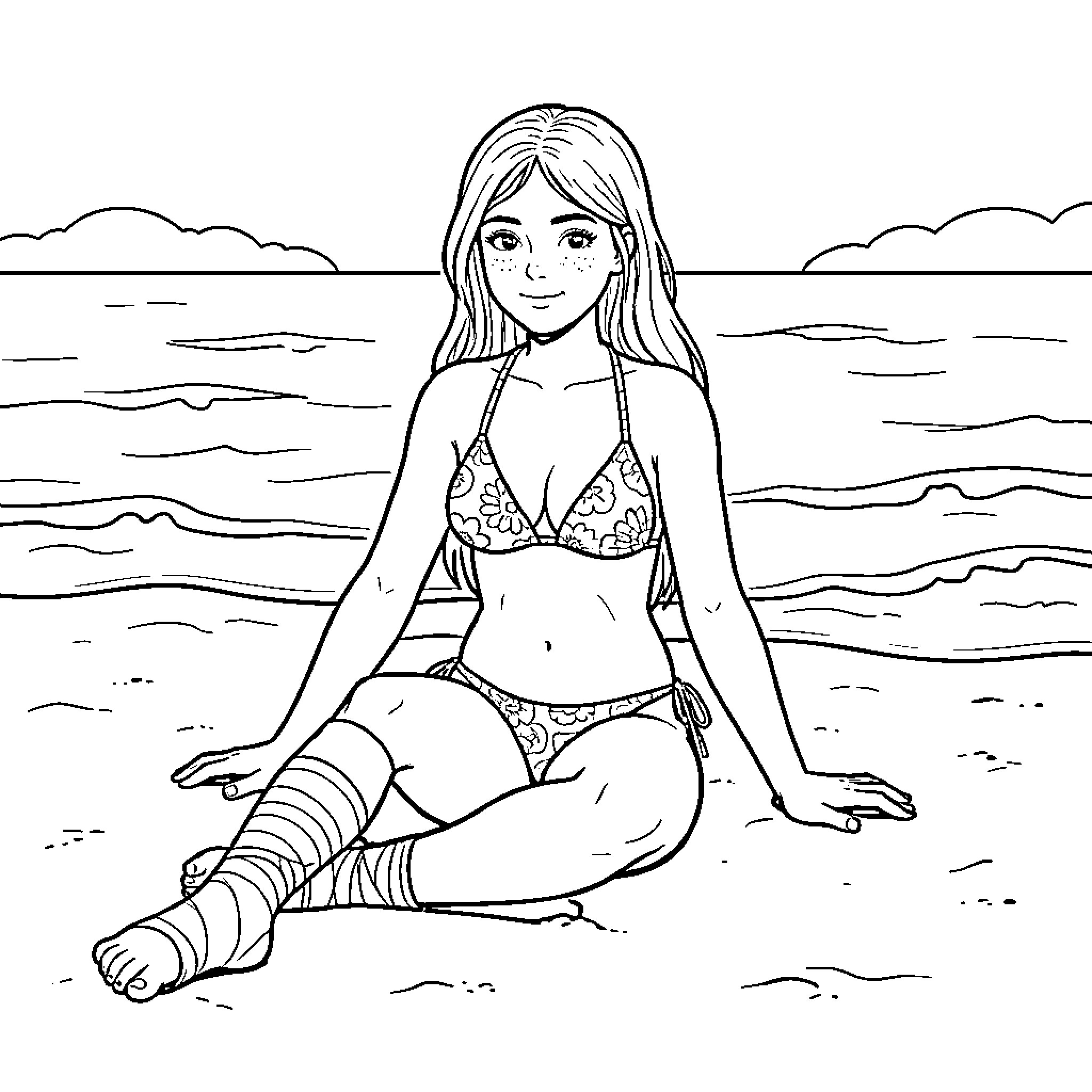 Woman in swimwear enjoying the beach Coloring Page (free black-and-white line drawing printable PDF for all, from beginners to advanced learners, including children, teens, adults, and seniors)