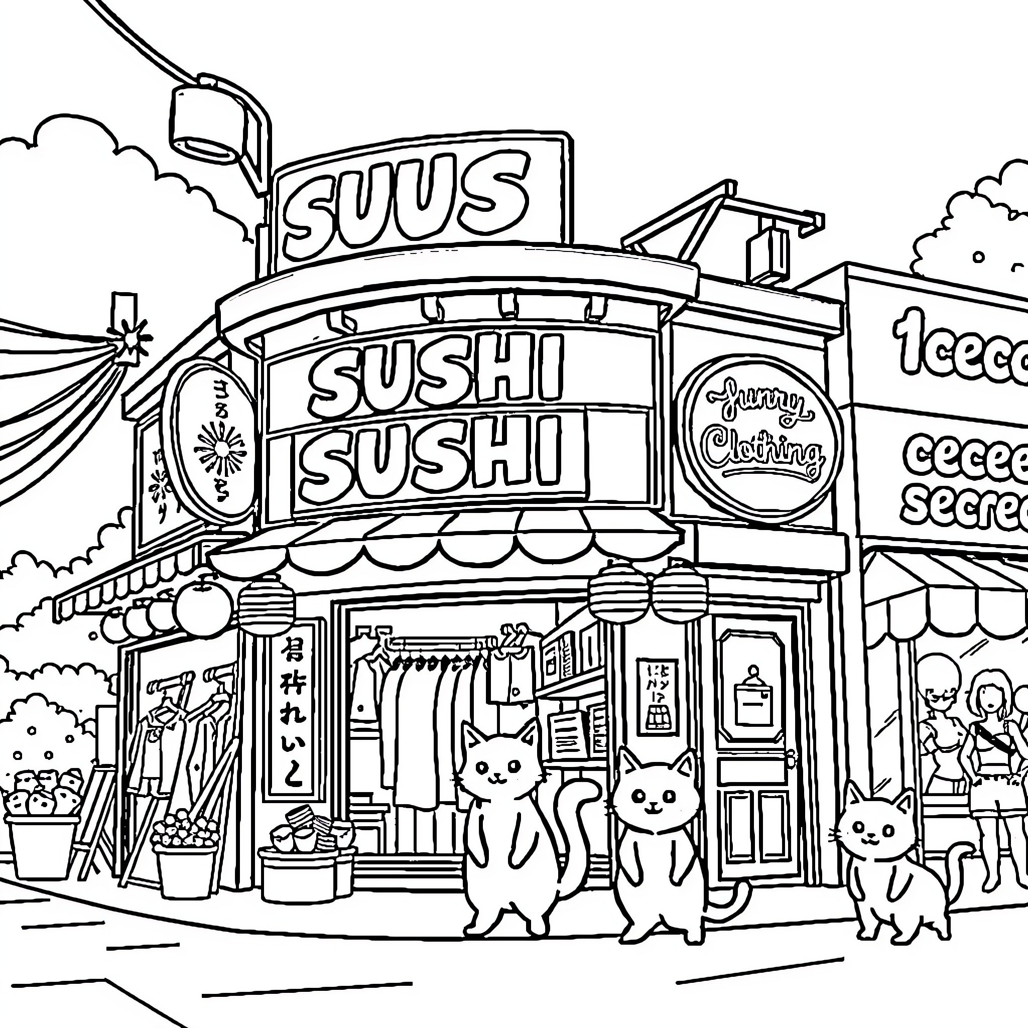 Sushi Shop with Cats and Customers Coloring Page (free black-and-white line drawing printable PDF for all, from beginners to advanced learners, including children, teens, adults, and seniors)