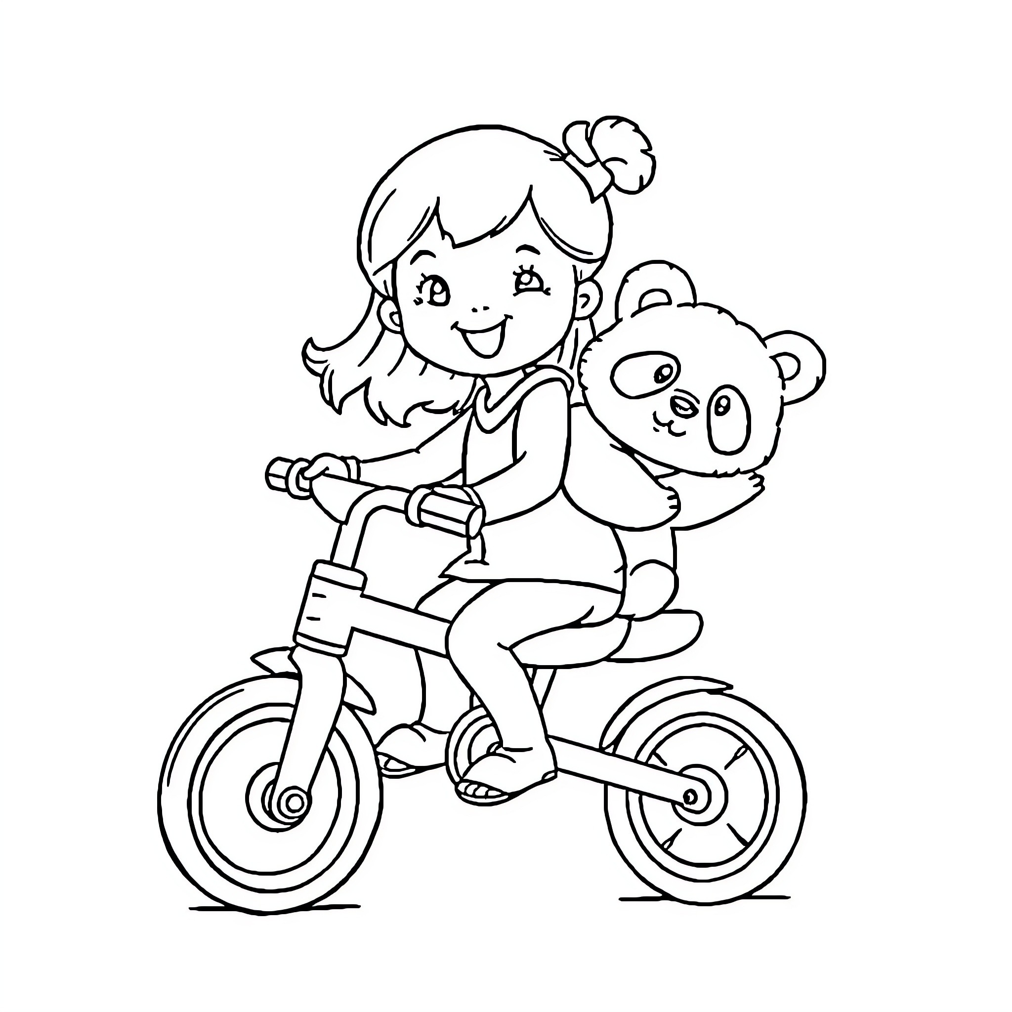 Girl riding bicycle with stuffed toy Coloring Page (free black-and-white line drawing printable PDF for all, from beginners to advanced learners, including children, teens, adults, and seniors)