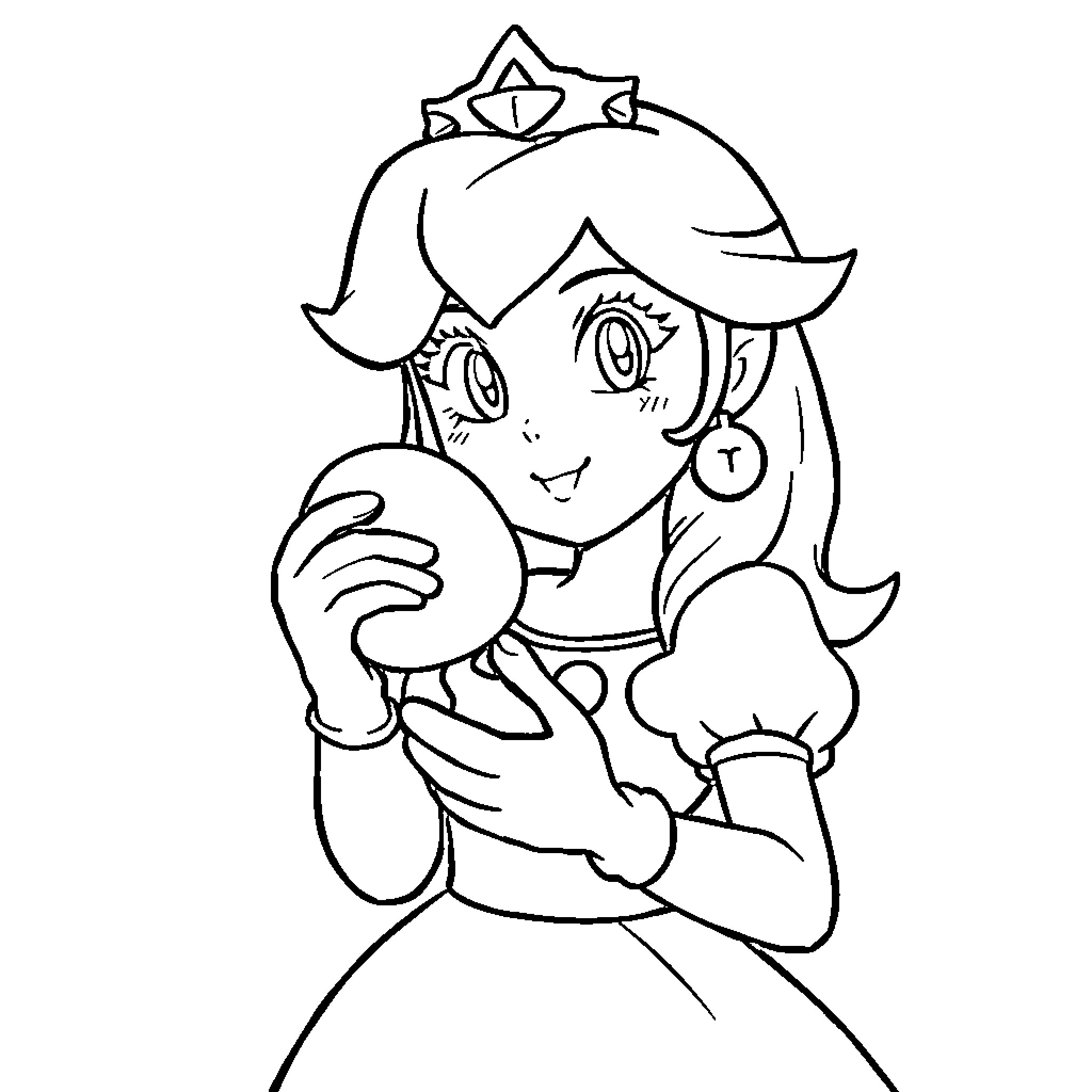 Princess Smiling and Posing Happily Coloring Page (free black-and-white line drawing printable PDF for all, from beginners to advanced learners, including children, teens, adults, and seniors)