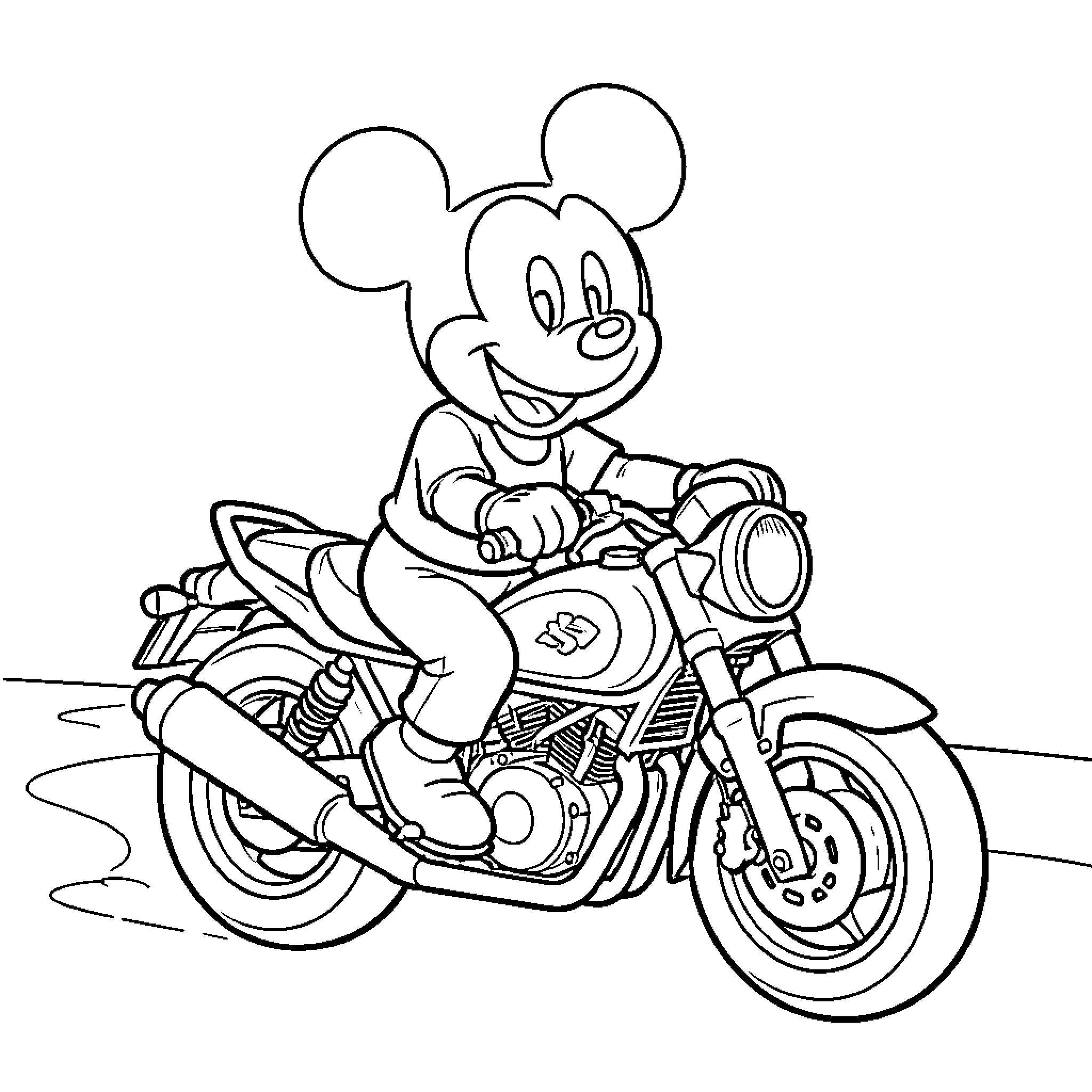 Mickey Riding a Motorcycle on the Road Coloring Page (free black-and-white line drawing printable PDF for all, from beginners to advanced learners, including children, teens, adults, and seniors)