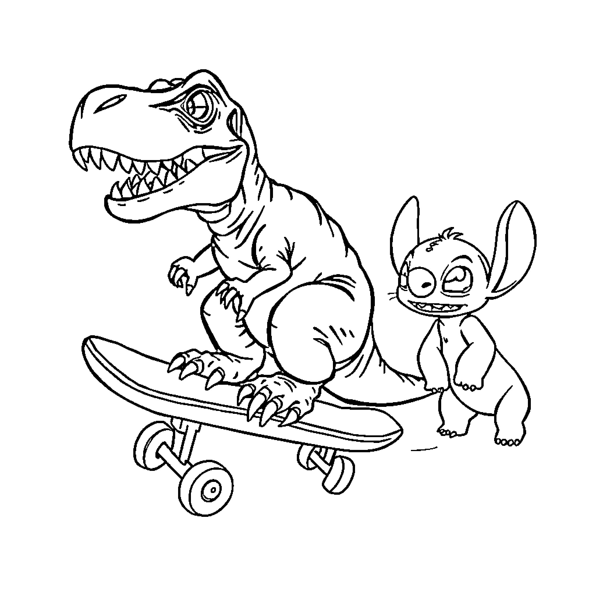 Trex and Stitch riding skateboards together Coloring Page (free black-and-white line drawing printable PDF for all, from beginners to advanced learners, including children, teens, adults, and seniors)