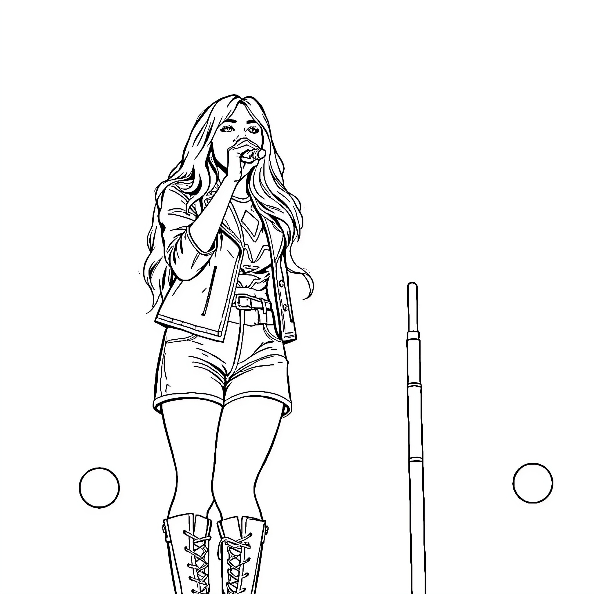 Sabrina Carpenter performing on stage Coloring Page (free black-and-white line drawing printable PDF for all, from beginners to advanced learners, including children, teens, adults, and seniors)