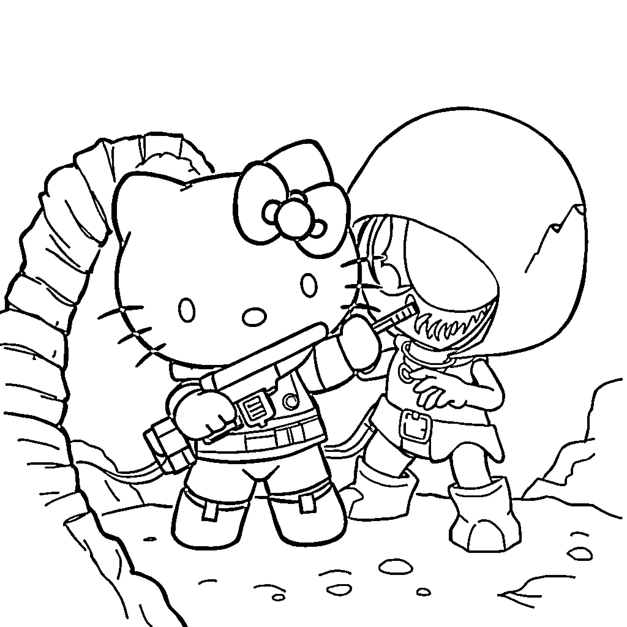 Hello Kitty Exploring the Alien World Coloring Page (free black-and-white line drawing printable PDF for all, from beginners to advanced learners, including children, teens, adults, and seniors)