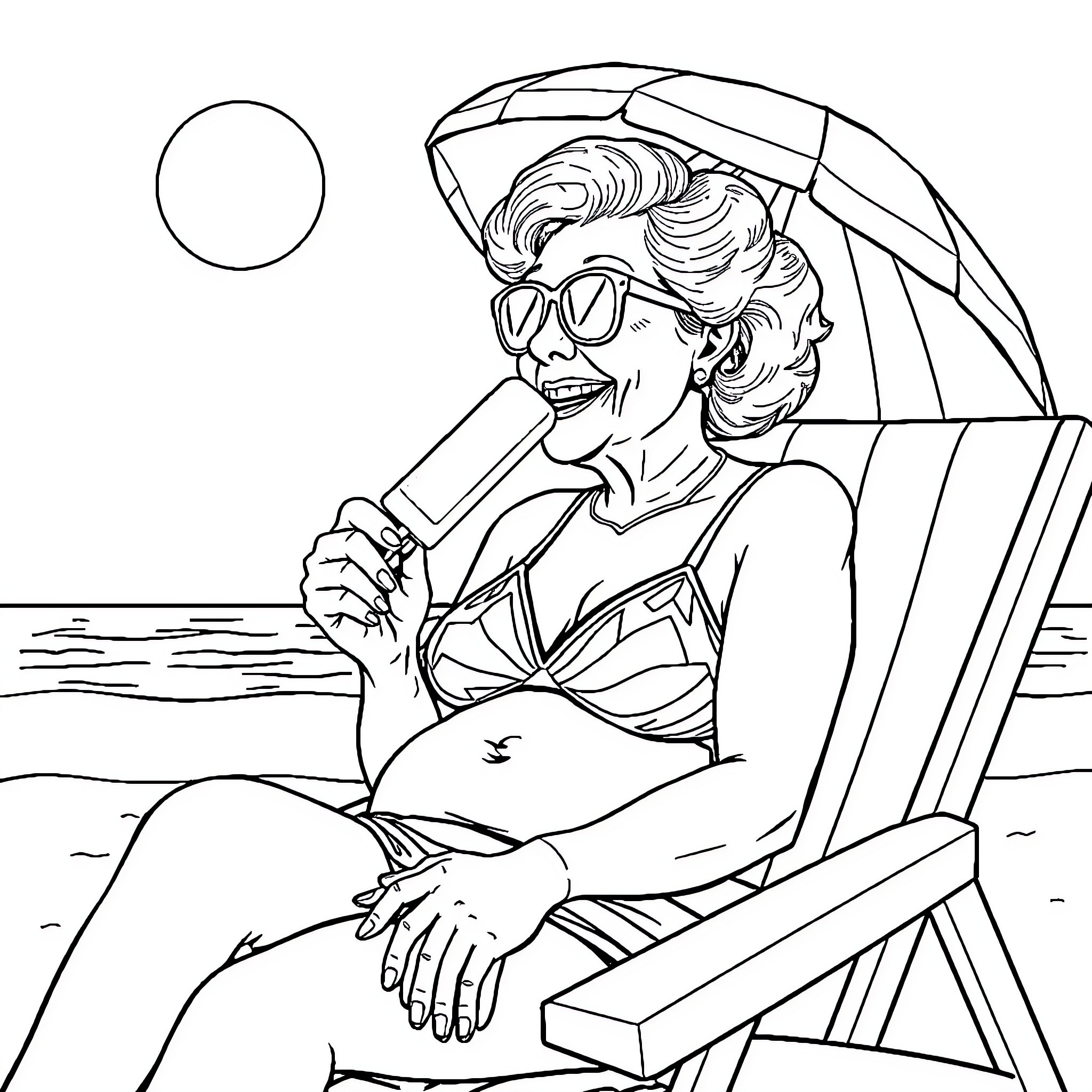 Grandma relaxing on the beach with sunglasses Coloring Page (free black-and-white line drawing printable PDF for all, from beginners to advanced learners, including children, teens, adults, and seniors)