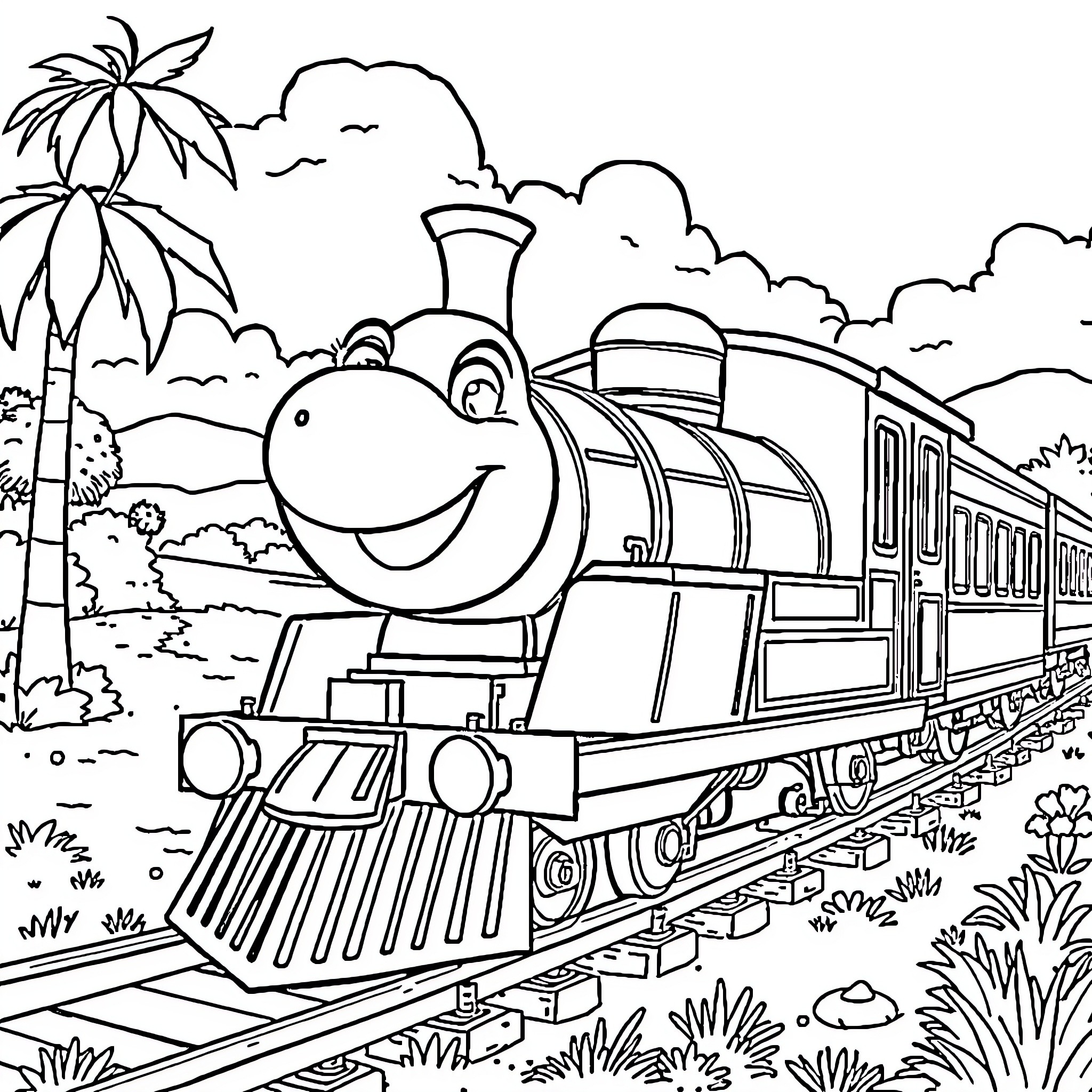 Don's Delightful Train Travels Through Tropical Scenery Coloring Page (free black-and-white line drawing printable PDF for all, from beginners to advanced learners, including children, teens, adults, and seniors)