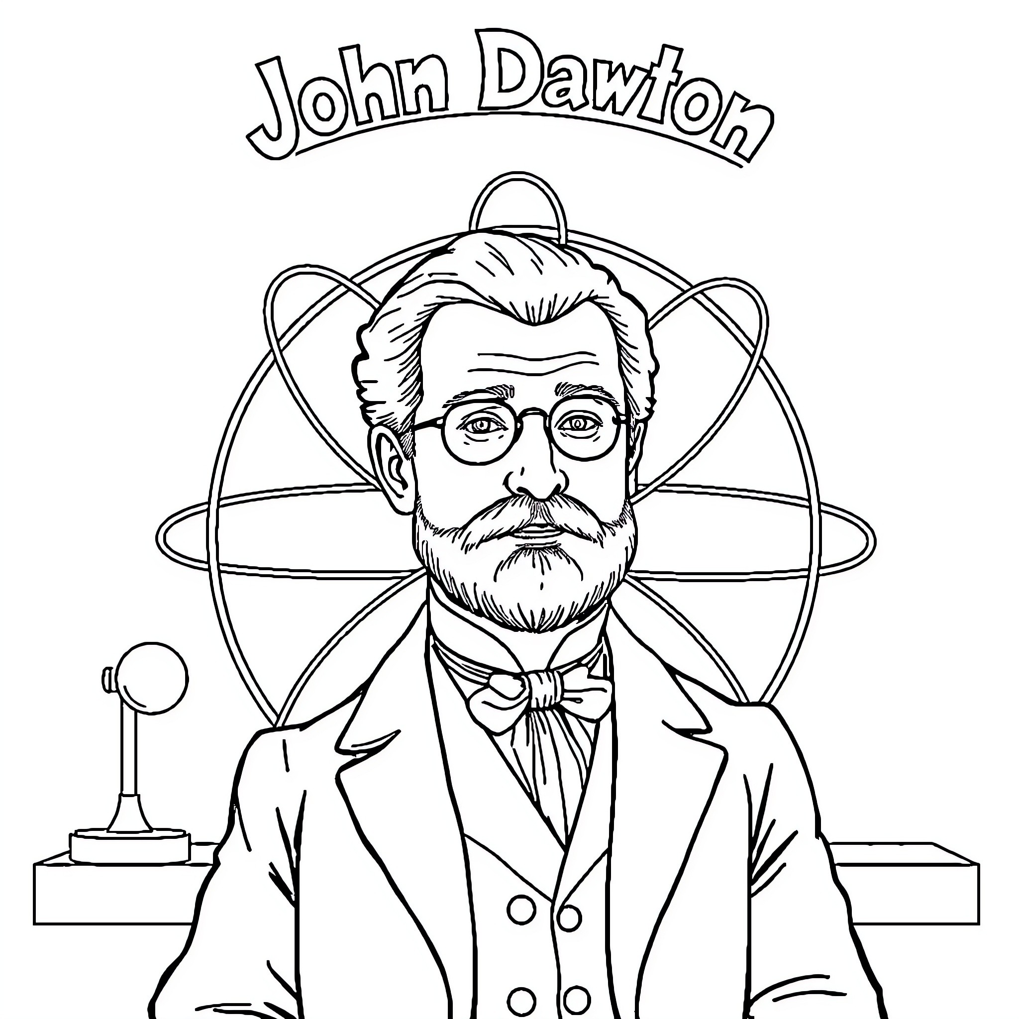 John Dalton with Scholarly Attire and Scientific Instruments Coloring Page (free black-and-white line drawing printable PDF for all, from beginners to advanced learners, including children, teens, adults, and seniors)