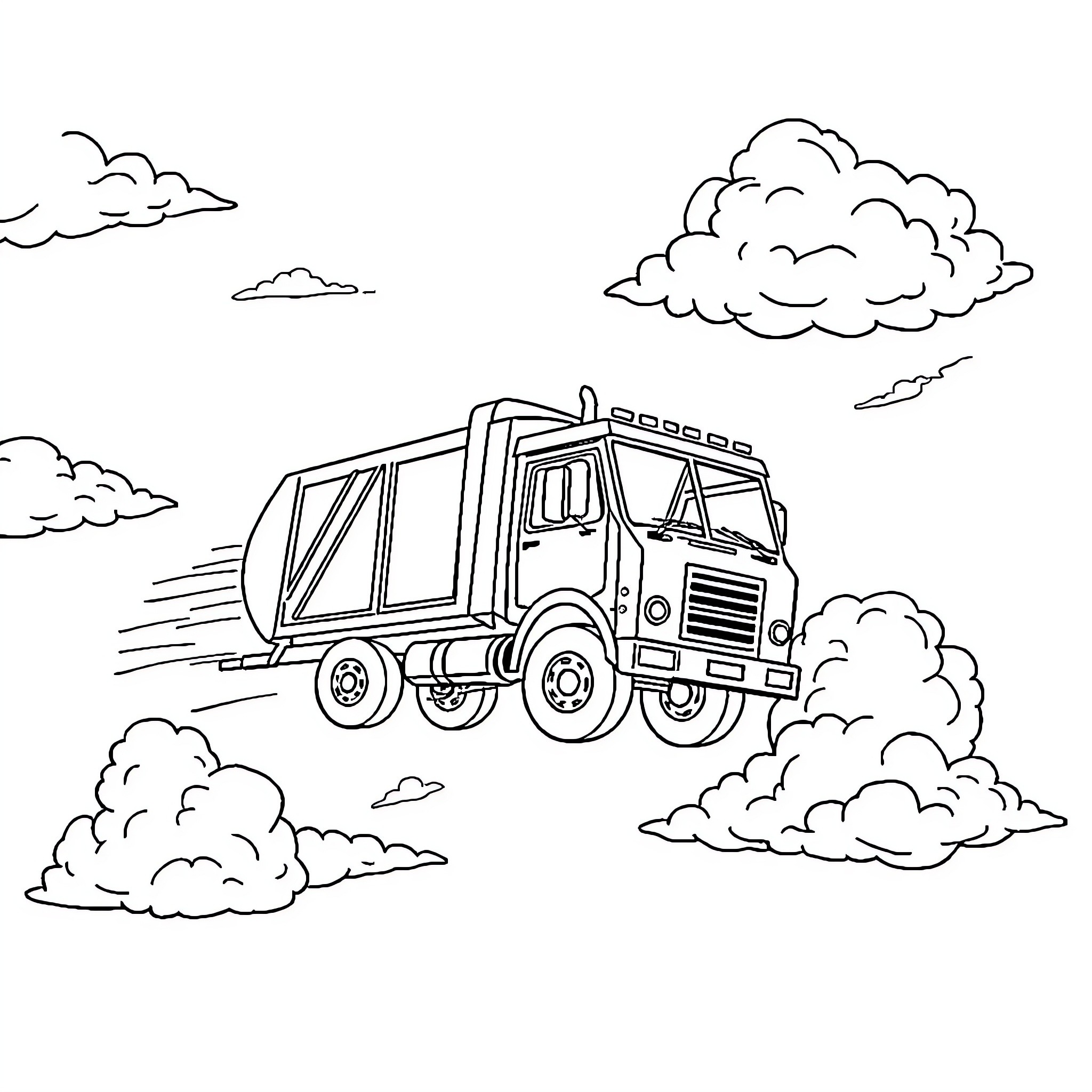 Trash Truck Navigating Through Cloudy Skies Coloring Page (free black-and-white line drawing printable PDF for all, from beginners to advanced learners, including children, teens, adults, and seniors)