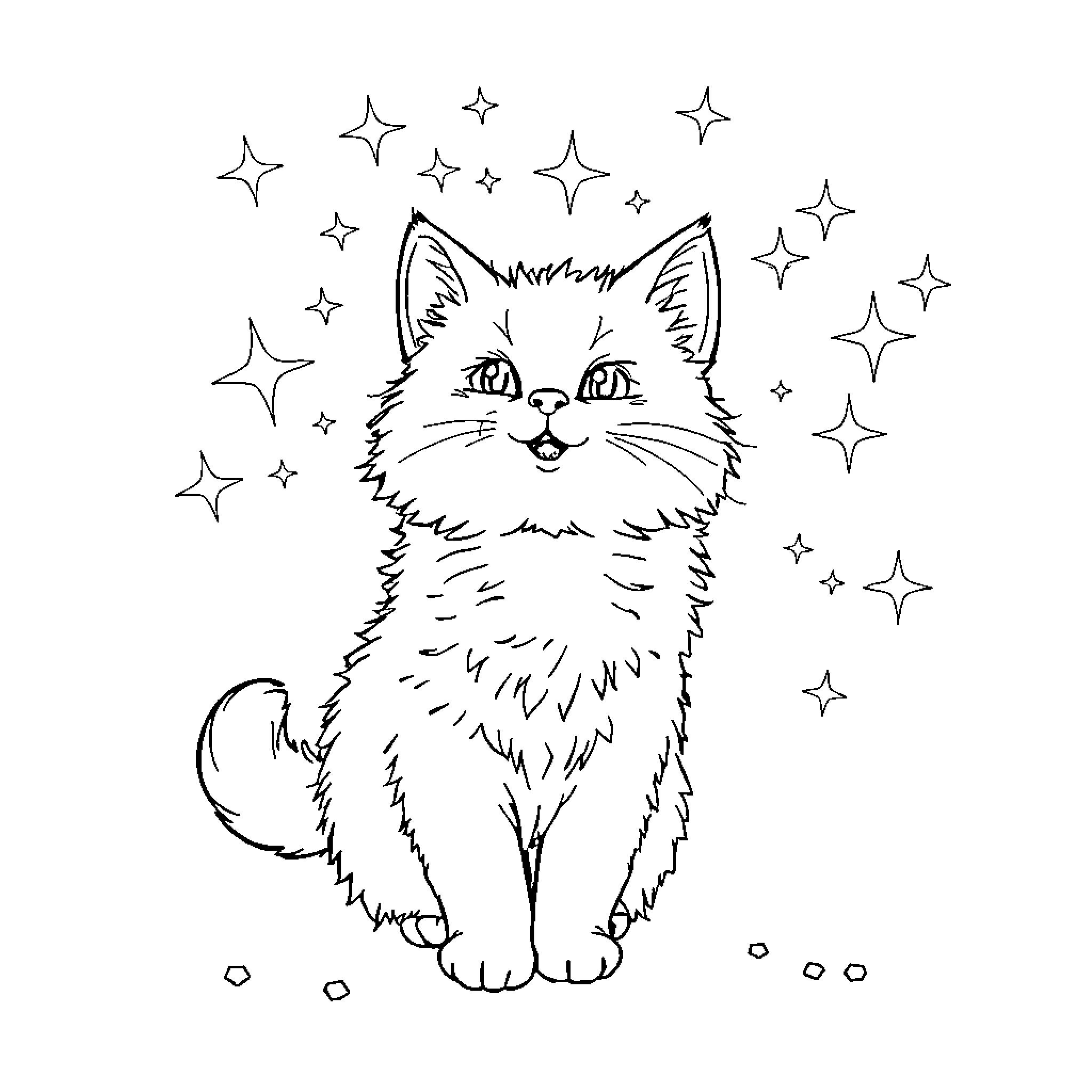Cat surrounded by sparkling stars Coloring Page (free black-and-white line drawing printable PDF for all, from beginners to advanced learners, including children, teens, adults, and seniors)