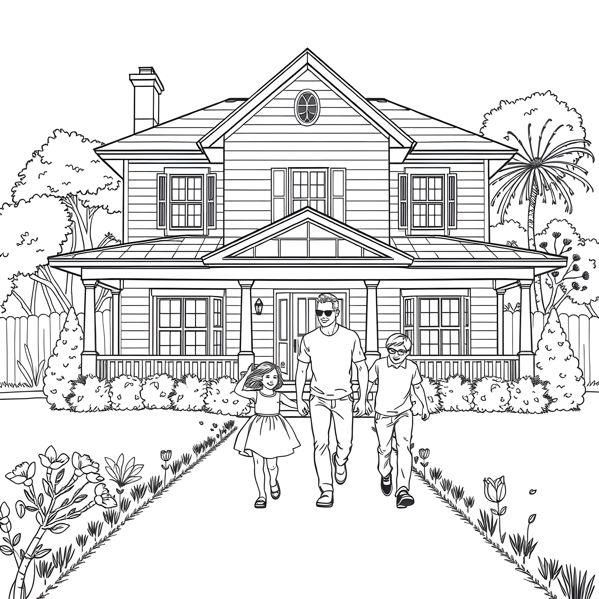 Family strolling down the path to their home Coloring Page (free black-and-white line drawing printable PDF for all, from beginners to advanced learners, including children, teens, adults, and seniors)
