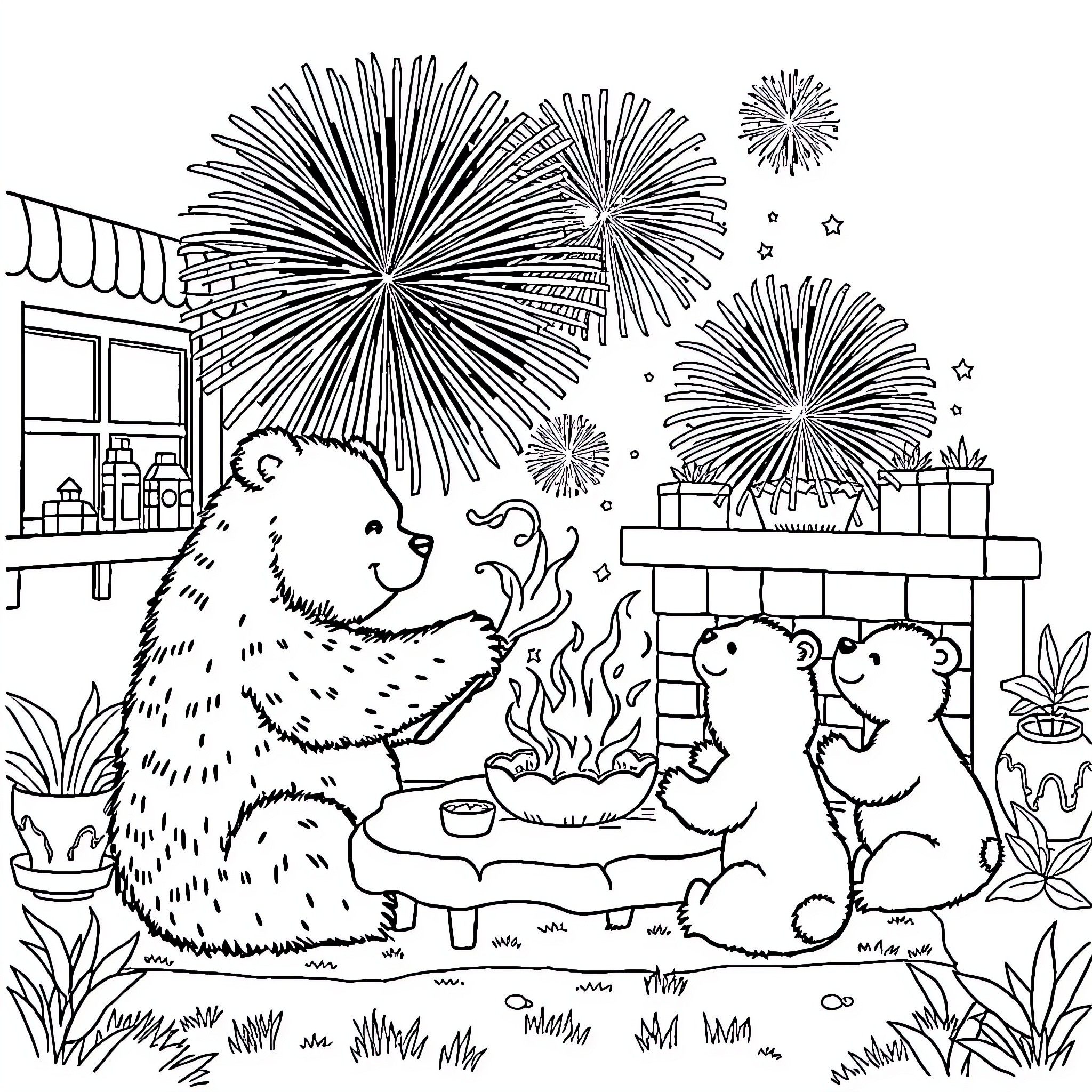 Bear family enjoying fireworks display at home Coloring Page (free black-and-white line drawing printable PDF for all, from beginners to advanced learners, including children, teens, adults, and seniors)