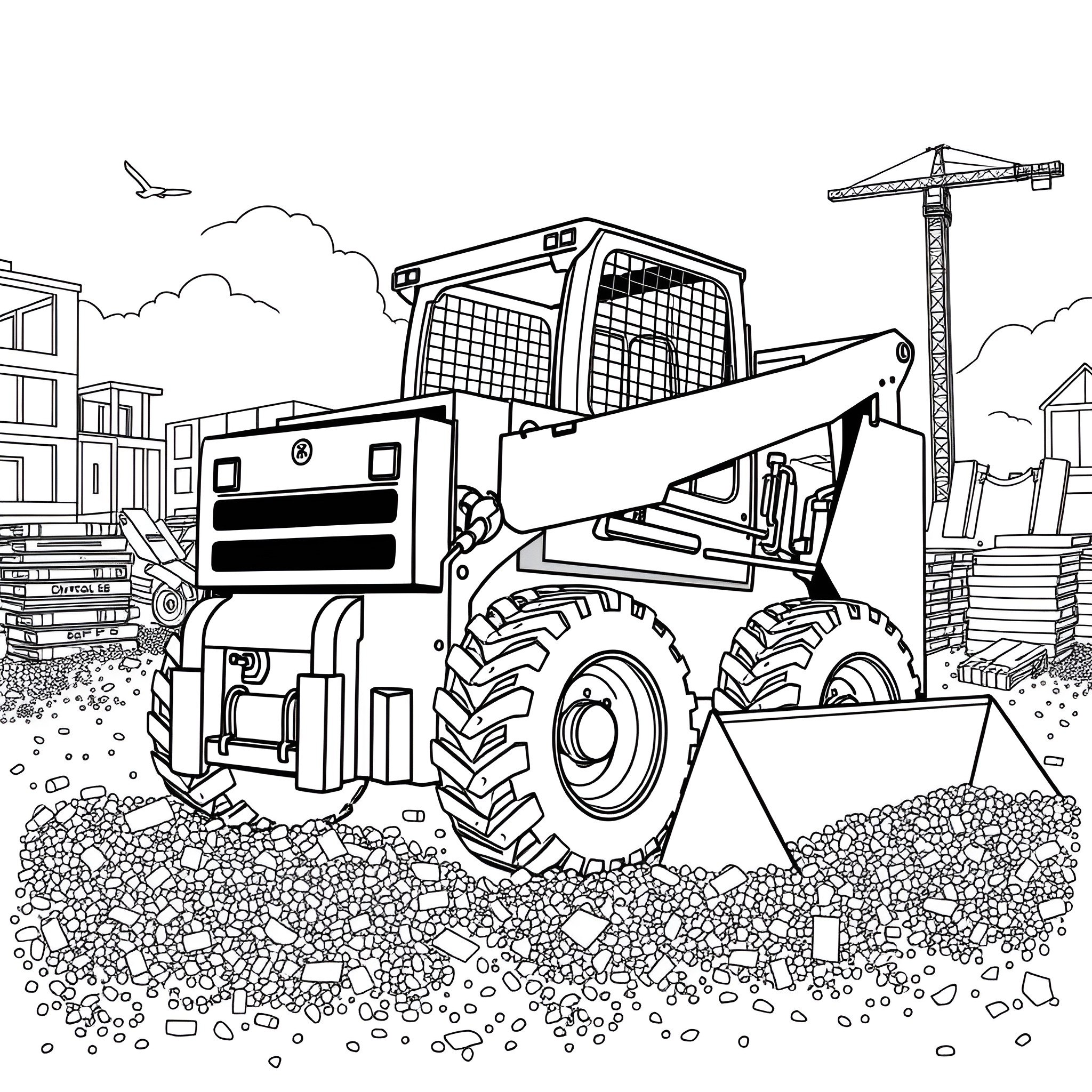 Skid Steer Loader at Construction Site Coloring Page (free black-and-white line drawing printable PDF for all, from beginners to advanced learners, including children, teens, adults, and seniors)
