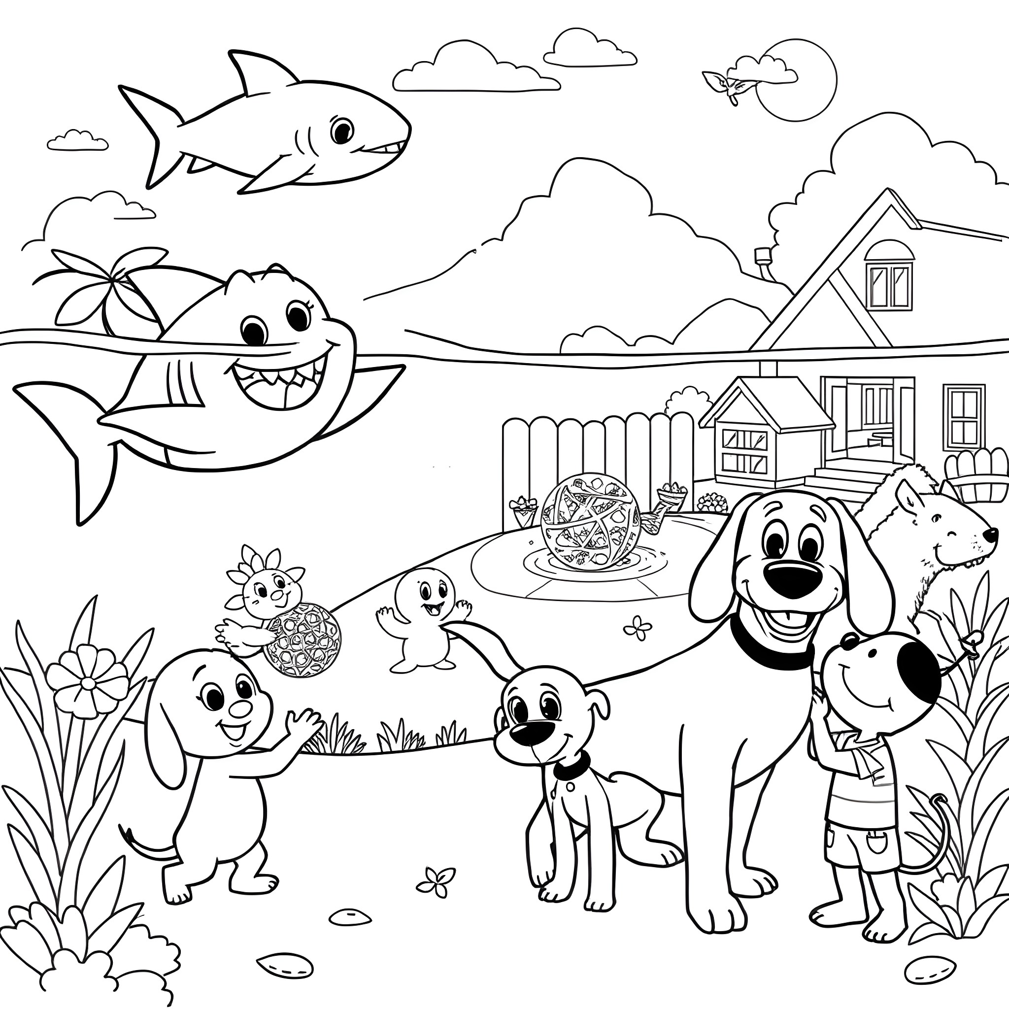 Baby Shark playing happily with friends in the backyard Coloring Page (free black-and-white line drawing printable PDF for all, from beginners to advanced learners, including children, teens, adults, and seniors)