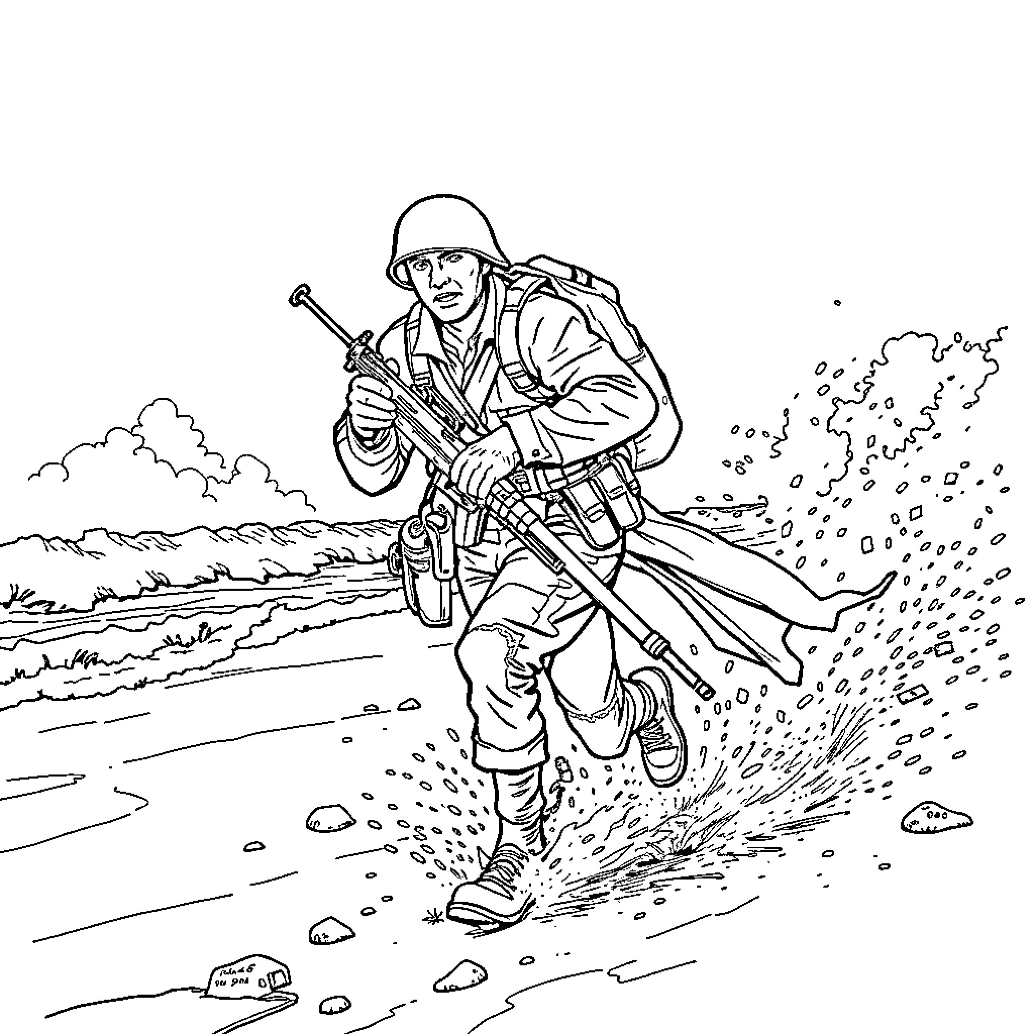 Infantryman braving through the battlefield Coloring Page (free black-and-white line drawing printable PDF for all, from beginners to advanced learners, including children, teens, adults, and seniors)