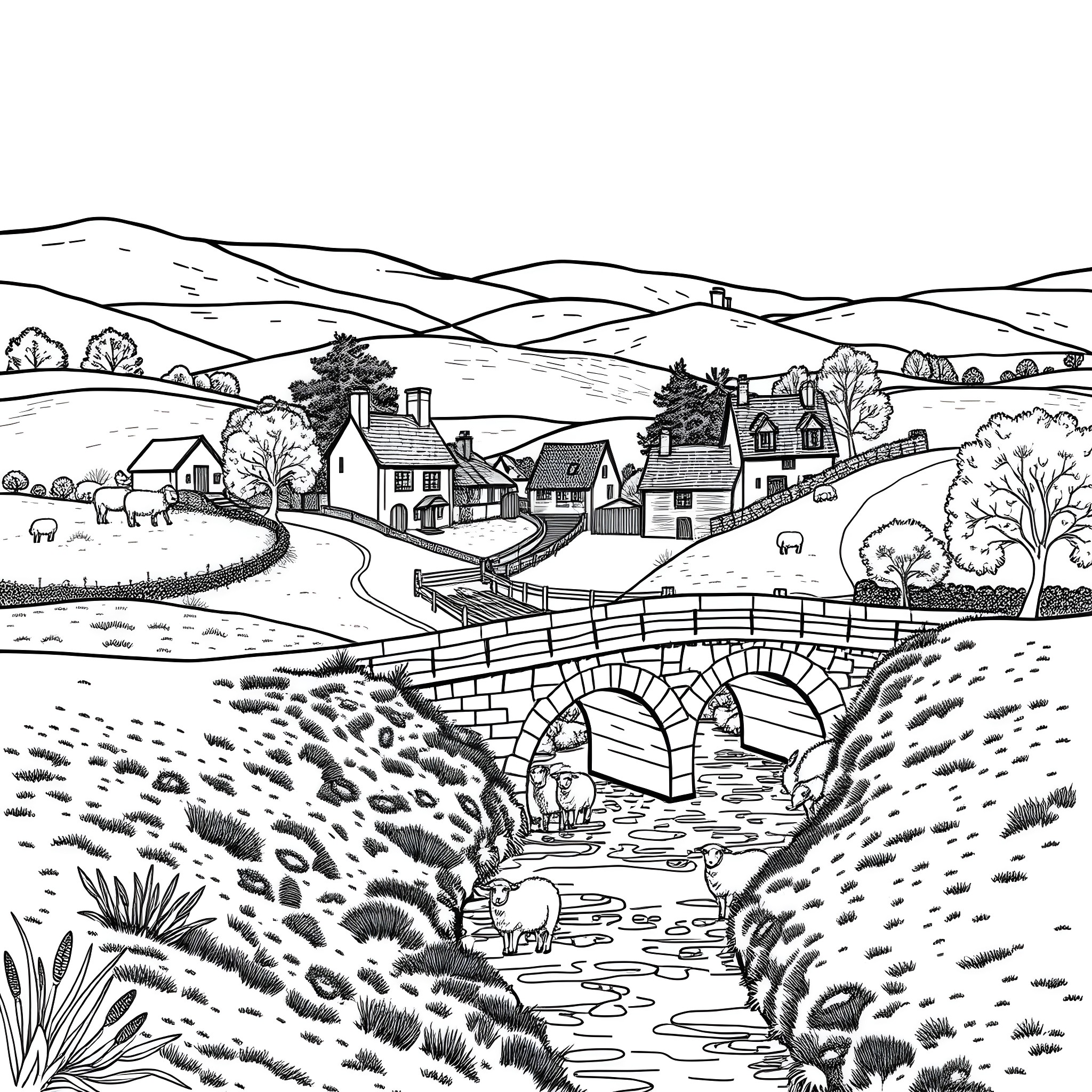 English Countryside Landscape with Bridge and Cottages Coloring Page (free black-and-white line drawing printable PDF for all, from beginners to advanced learners, including children, teens, adults, and seniors)