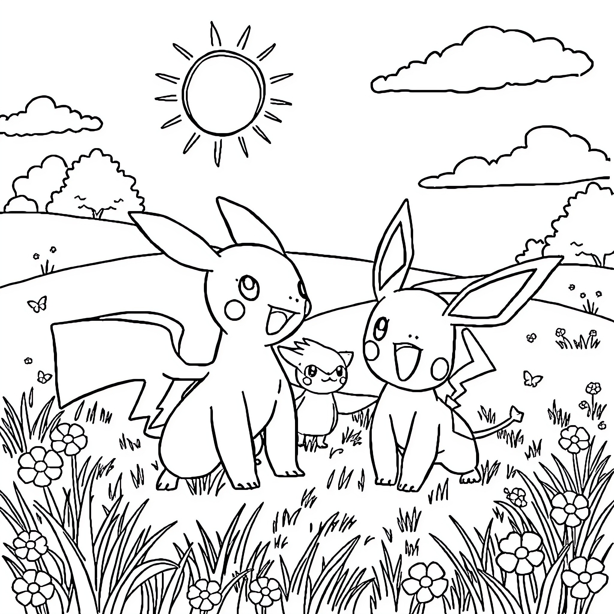Pokémon enjoying a sunny day in nature Coloring Page (free black-and-white line drawing printable PDF for all, from beginners to advanced learners, including children, teens, adults, and seniors)