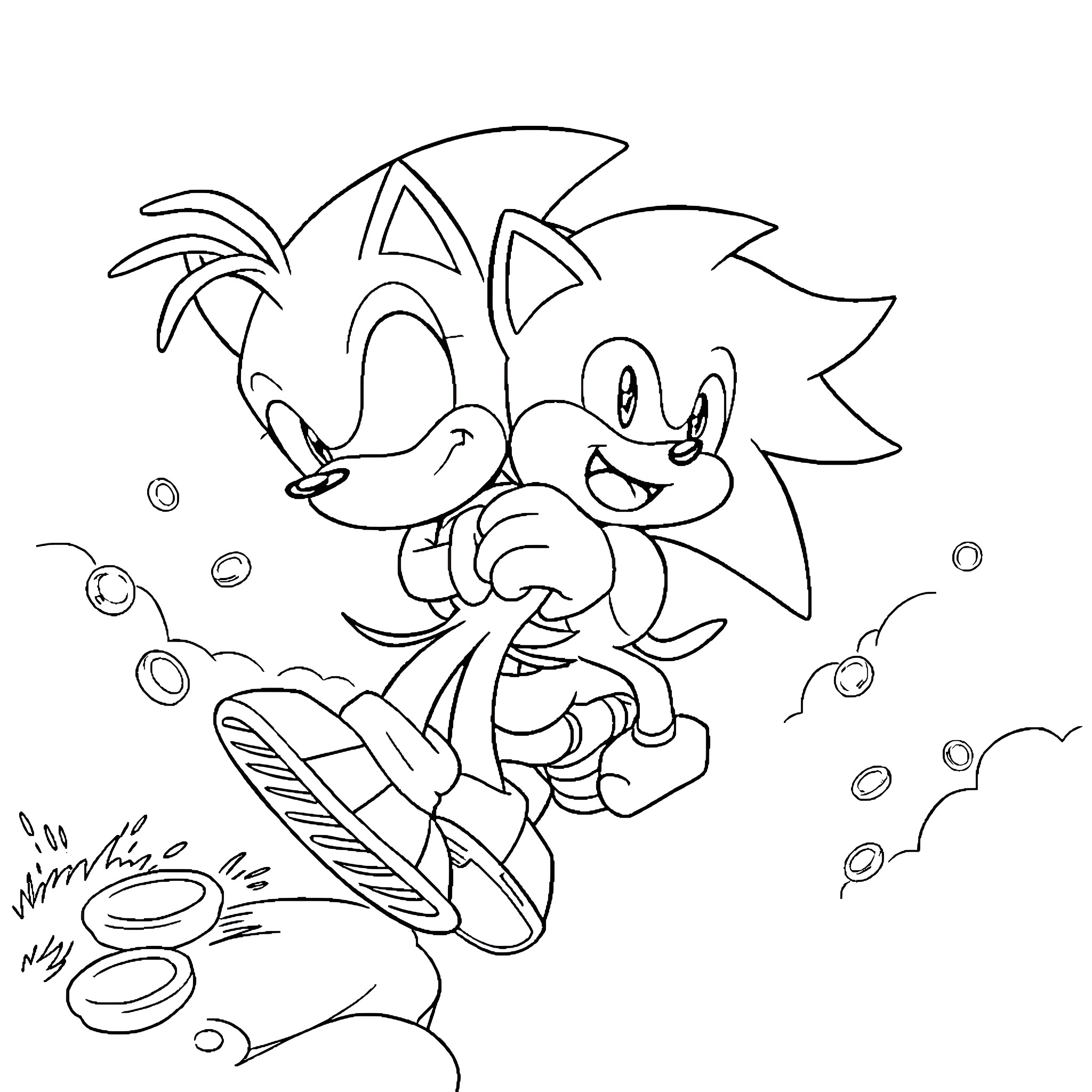 Sonic the Hedgehog surfing happily in the waves Coloring Page (free black-and-white line drawing printable PDF for all, from beginners to advanced learners, including children, teens, adults, and seniors)