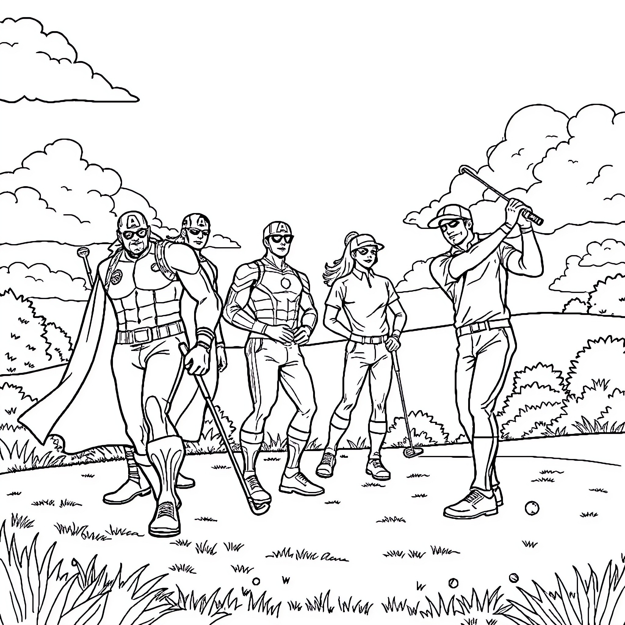 Avenger team in heroic outdoor pose Coloring Page (free black-and-white line drawing printable PDF for all, from beginners to advanced learners, including children, teens, adults, and seniors)