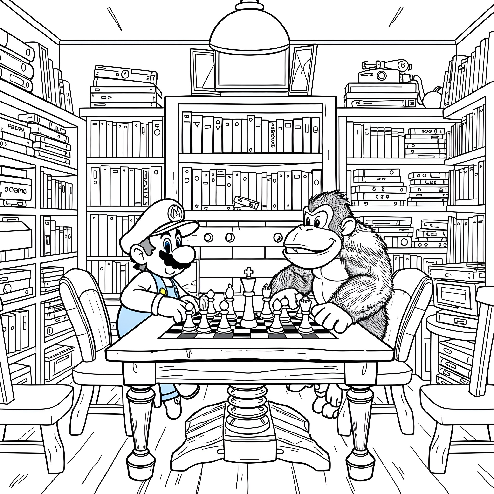 Mario and Donkey Kong playing chess in a cozy library Coloring Page (free black-and-white line drawing printable PDF for all, from beginners to advanced learners, including children, teens, adults, and seniors)