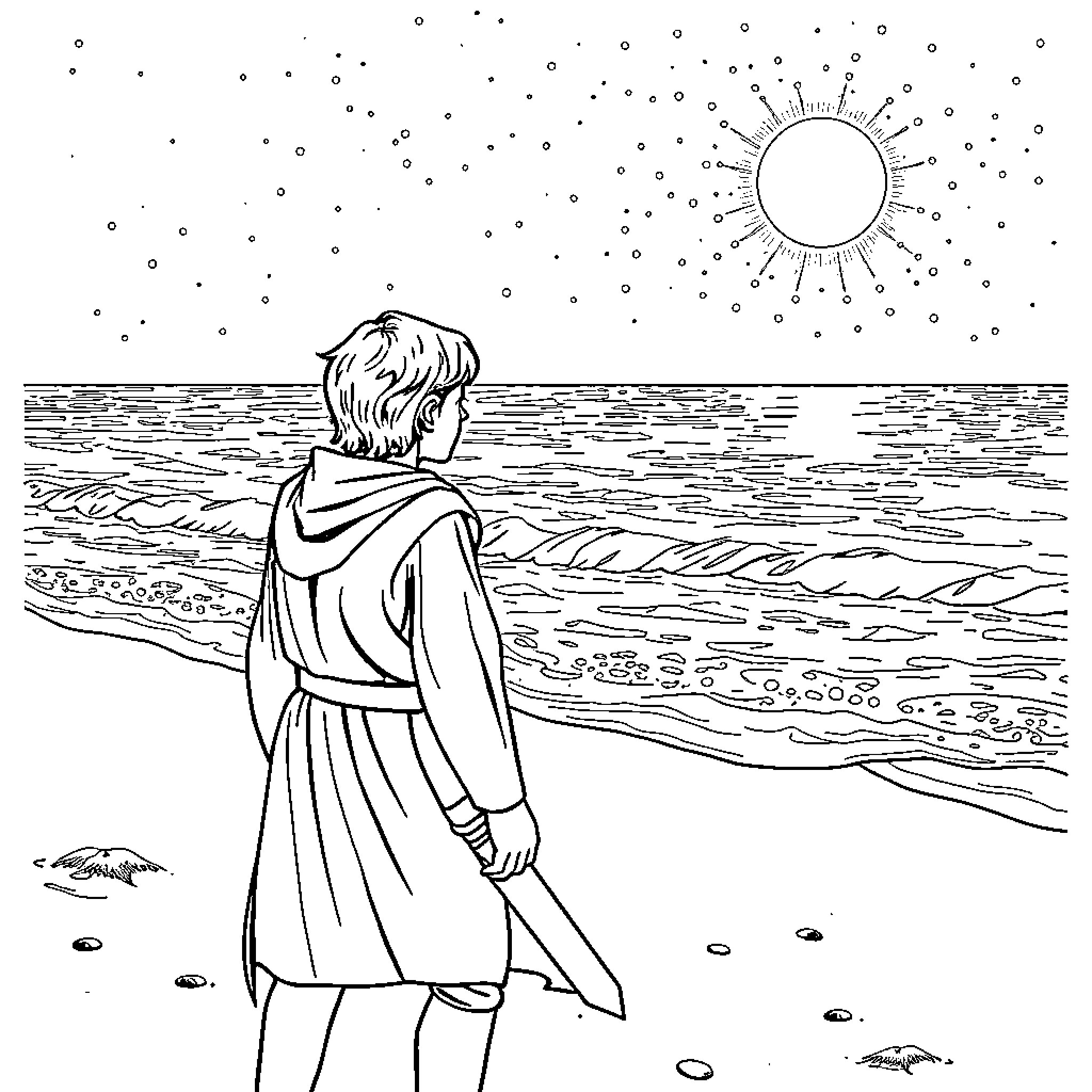 Luke Skywalker gazes upon the tranquil ocean Coloring Page (free black-and-white line drawing printable PDF for all, from beginners to advanced learners, including children, teens, adults, and seniors)