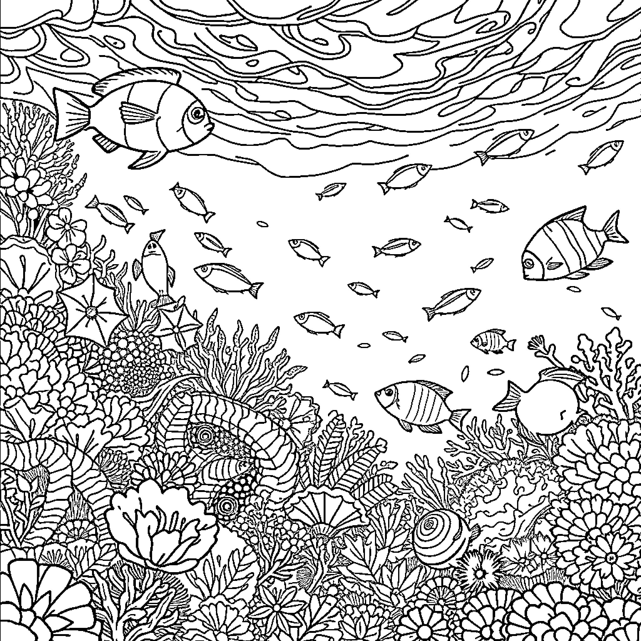 Underwater World of Vibrant Marine Life Coloring Page (free black-and-white line drawing printable PDF for all, from beginners to advanced learners, including children, teens, adults, and seniors)