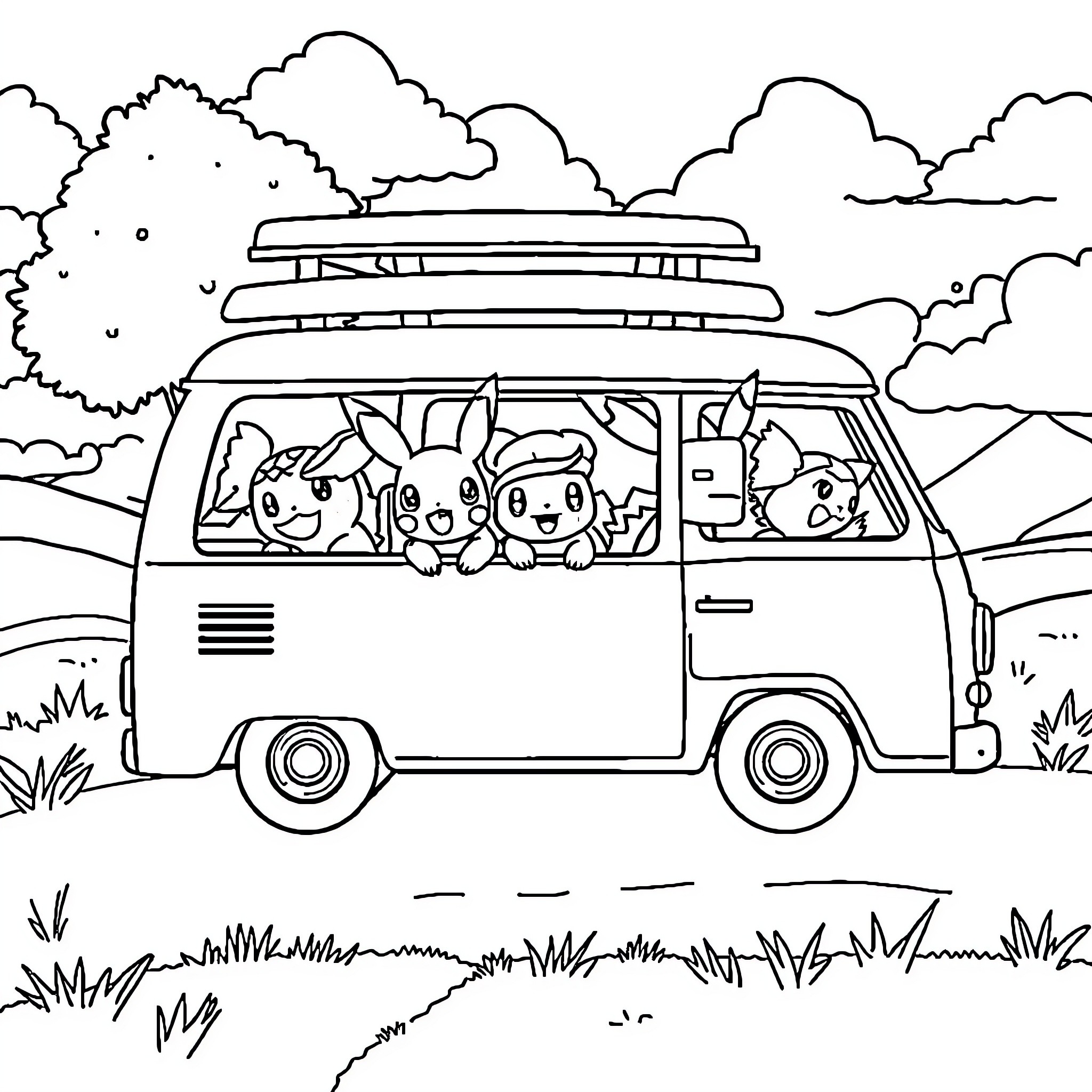 Pokémon characters on a road trip adventure Coloring Page (free black-and-white line drawing printable PDF for all, from beginners to advanced learners, including children, teens, adults, and seniors)